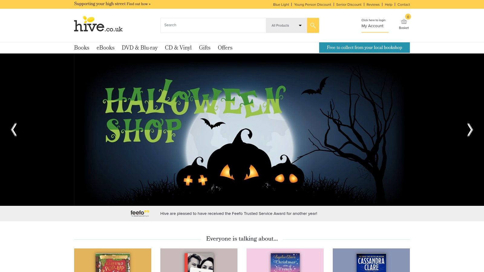 Hive.co.uk homepage featuring a search bar and book recommendations, highlighting its connection to independent bookshops.