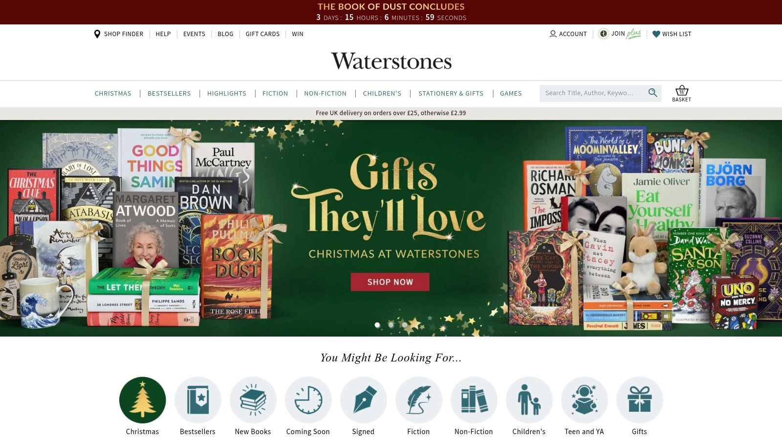Waterstones website homepage showing a search bar and various book categories.