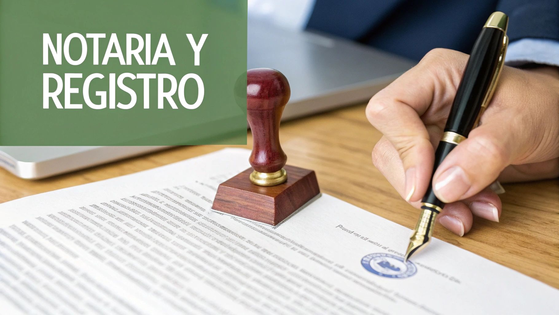 Notario firmando documentos legales de compraventa con sello oficial y pluma estilográfica sobre escritorio