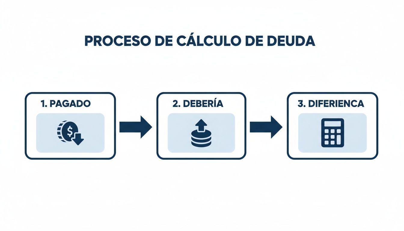 Diagrama del proceso de cálculo de deuda con tres pasos: Pagado (moneda con flecha abajo), Debería (pila de monedas con flecha arriba) y Diferencia (calculadora).