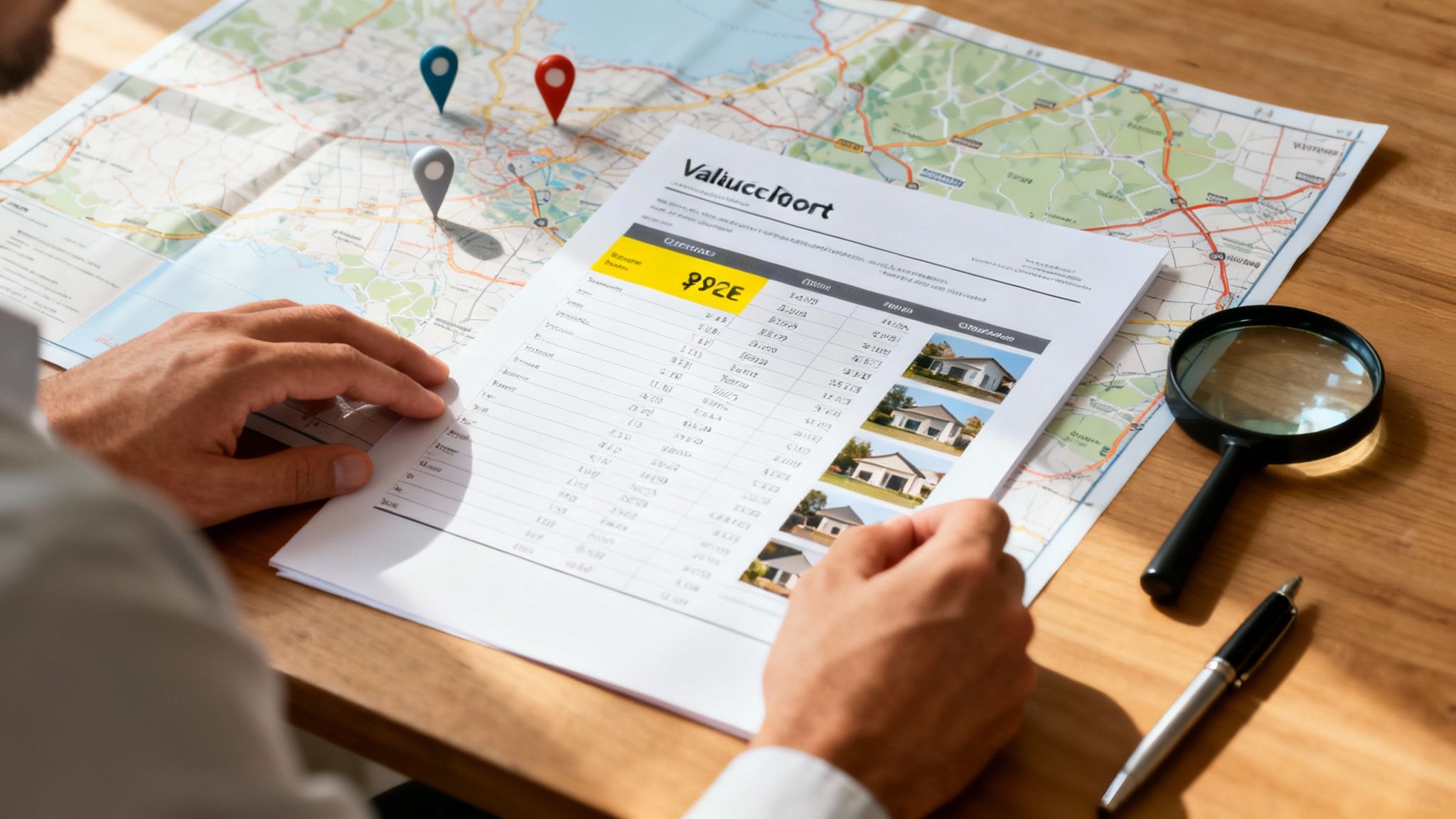 Hombre analizando documentos de propiedades inmobiliarias con un mapa y marcadores, planificando compras de vivienda.
