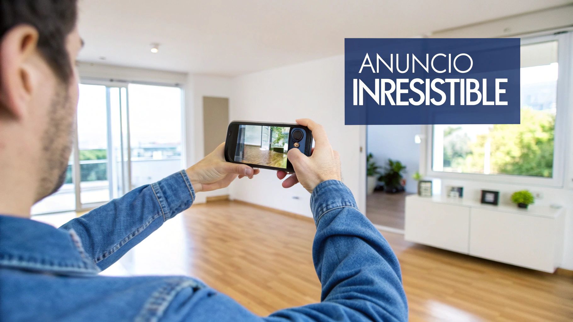 Hombre fotografiando interior de vivienda vacía con smartphone para crear anuncio inmobiliario atractivo