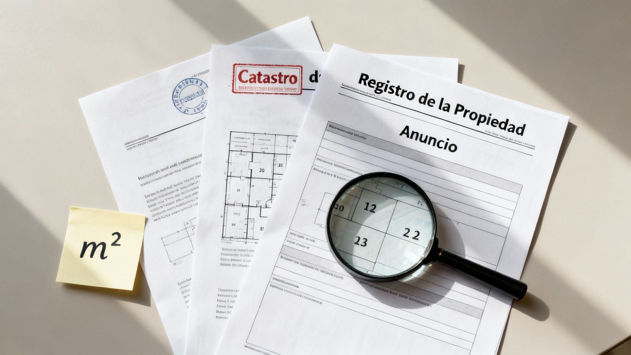 Documentos legales de propiedad, catastro, planos y lupa, indicando medición de metros cuadrados.