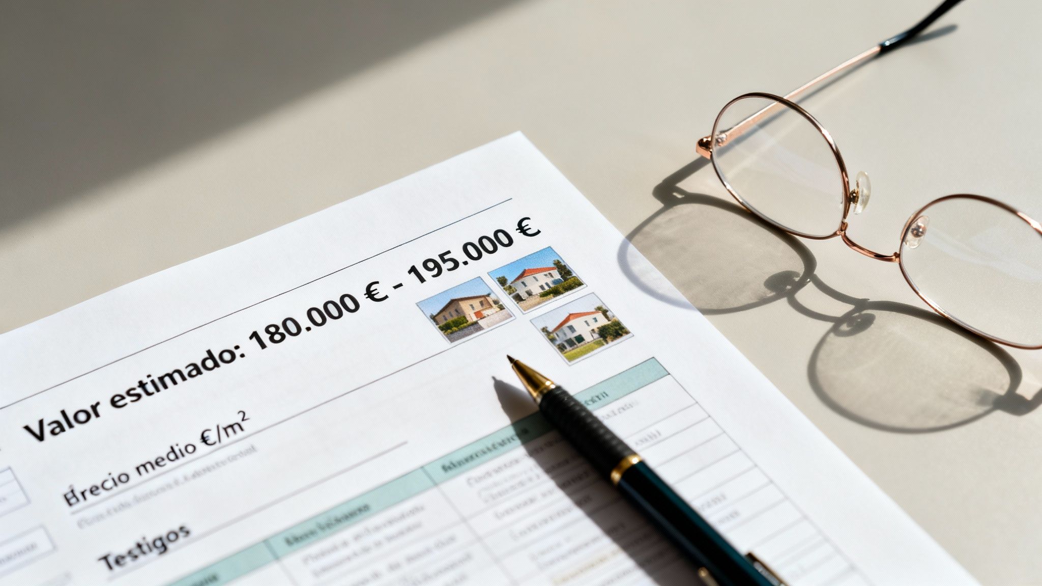 Documento con valoración estimada de viviendas entre 180.000€ y 195.000€, con un bolígrafo y gafas.