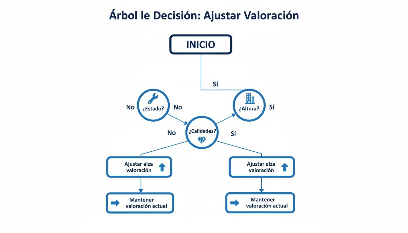 Diagrama de flujo que muestra un árbol de decisión para ajustar la valoración de una propiedad, evaluando altura, estado y calidades.