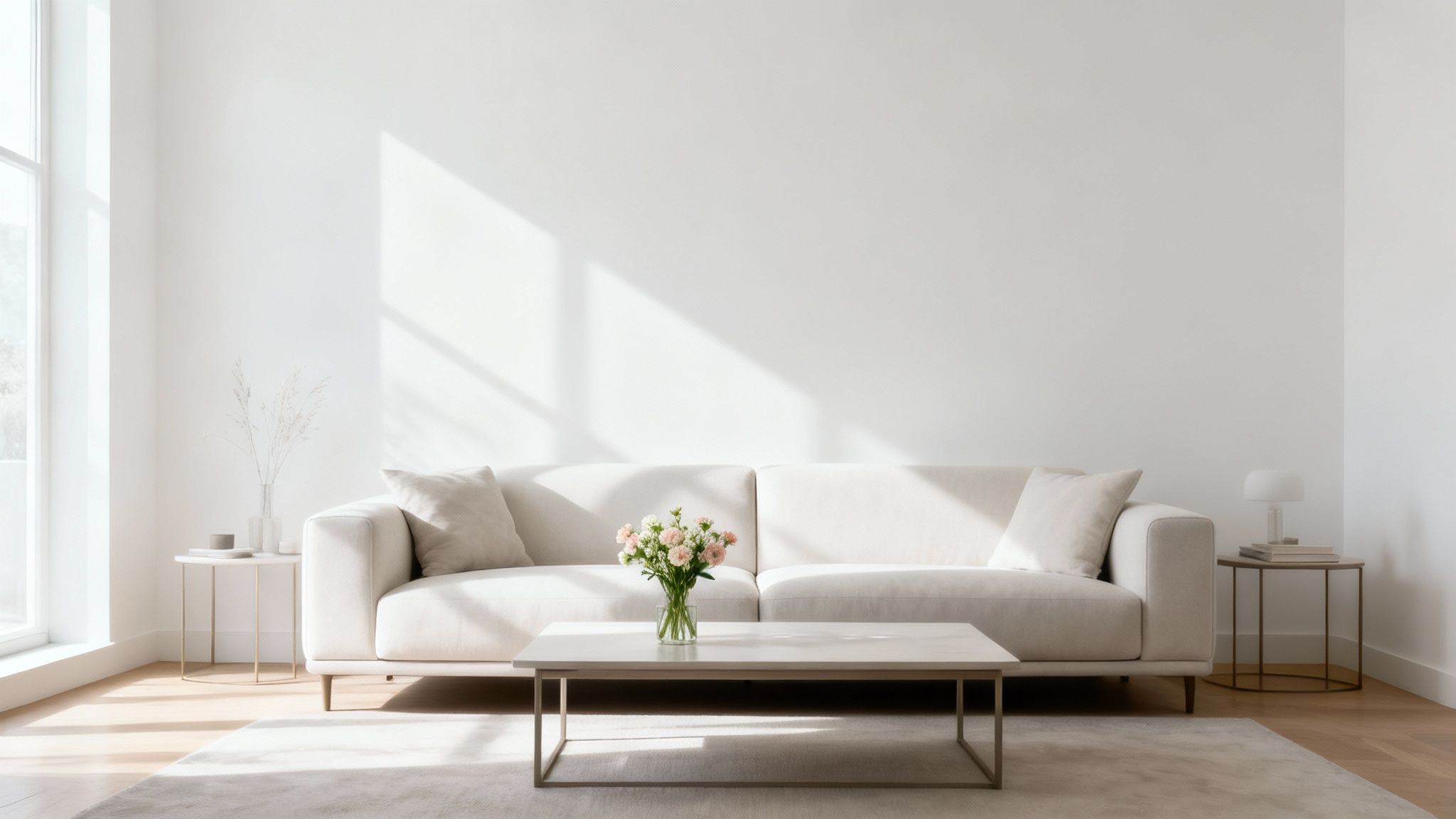 Un salón luminoso y minimalista con un sofá crema, mesa de centro con flores y luz natural.