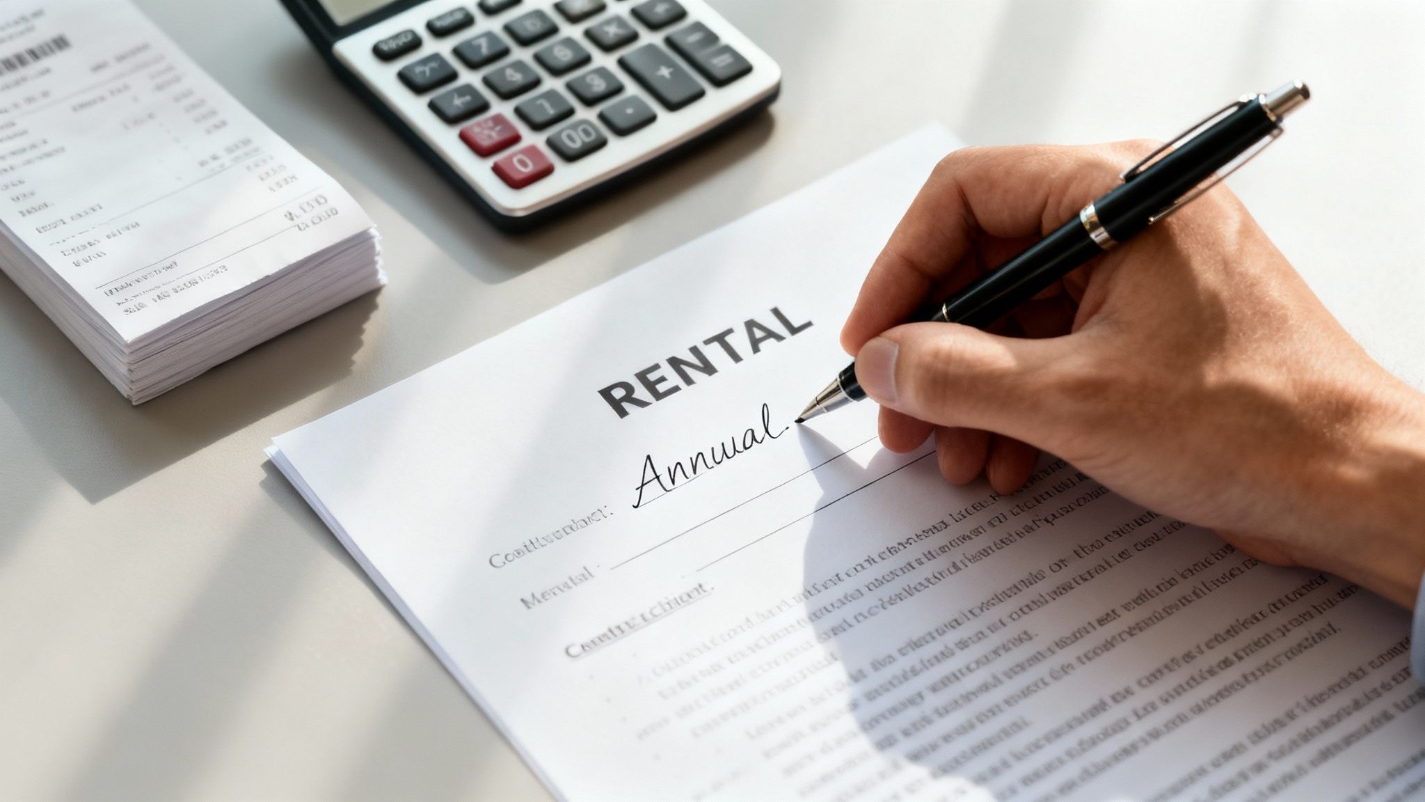 Una persona rellena un formulario de alquiler, escribiendo 'Anual' con un bolígrafo, con una calculadora cerca.