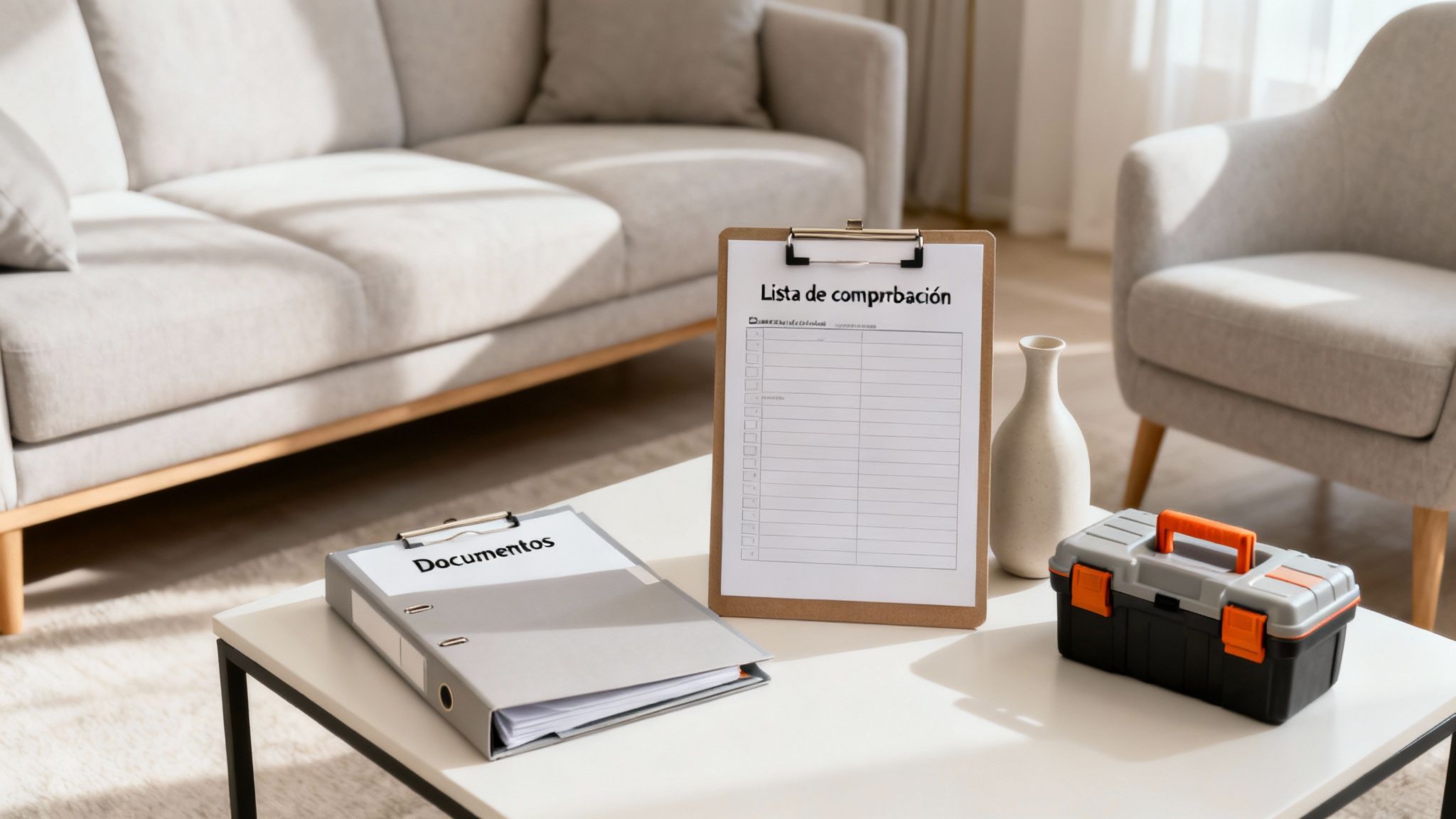 Documentos, lista de comprobación y herramientas en una mesa de centro, preparando una casa para la venta.