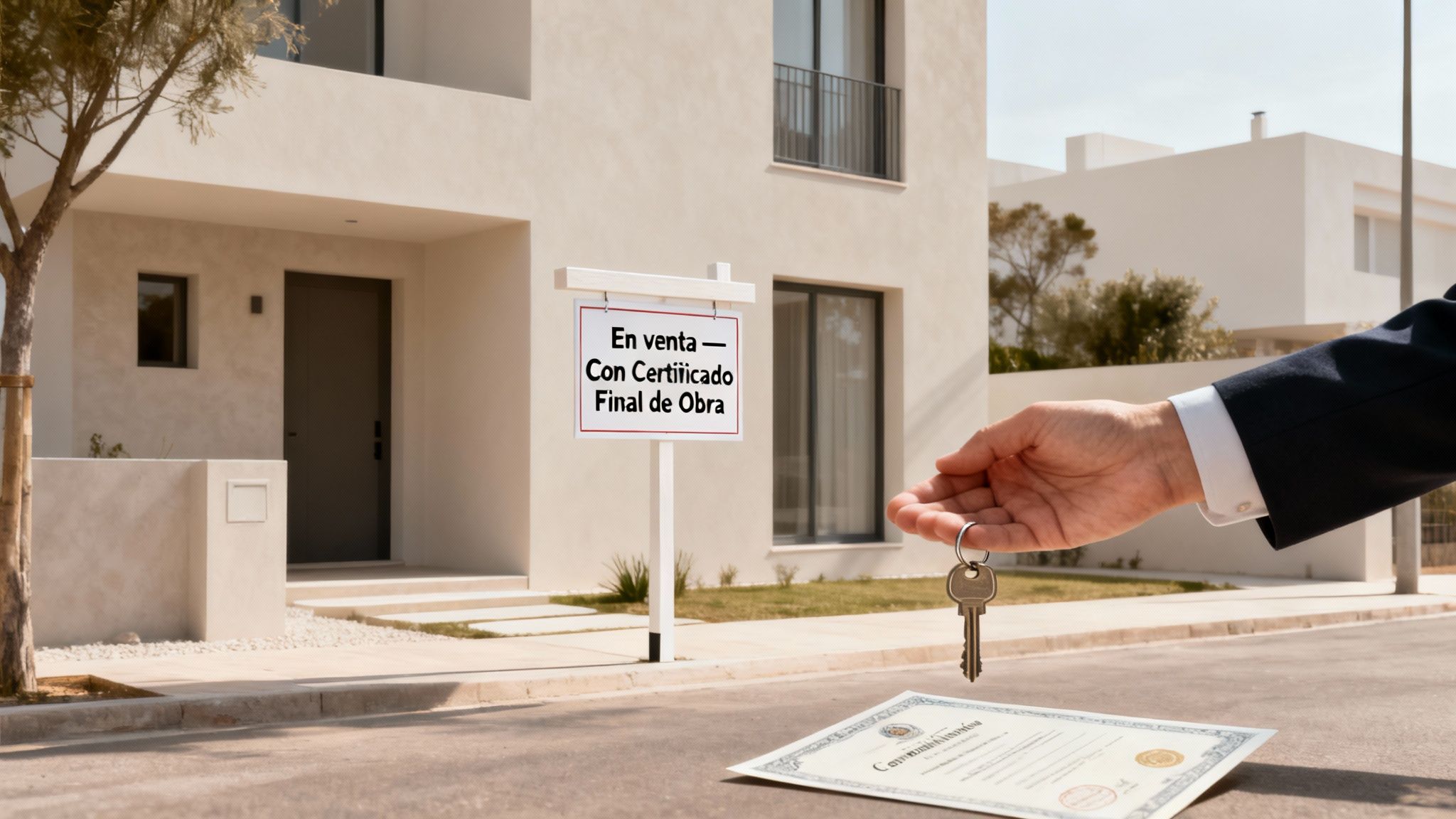 Casa moderna en venta con certificado final de obra, un agente ofrece las llaves y el documento.