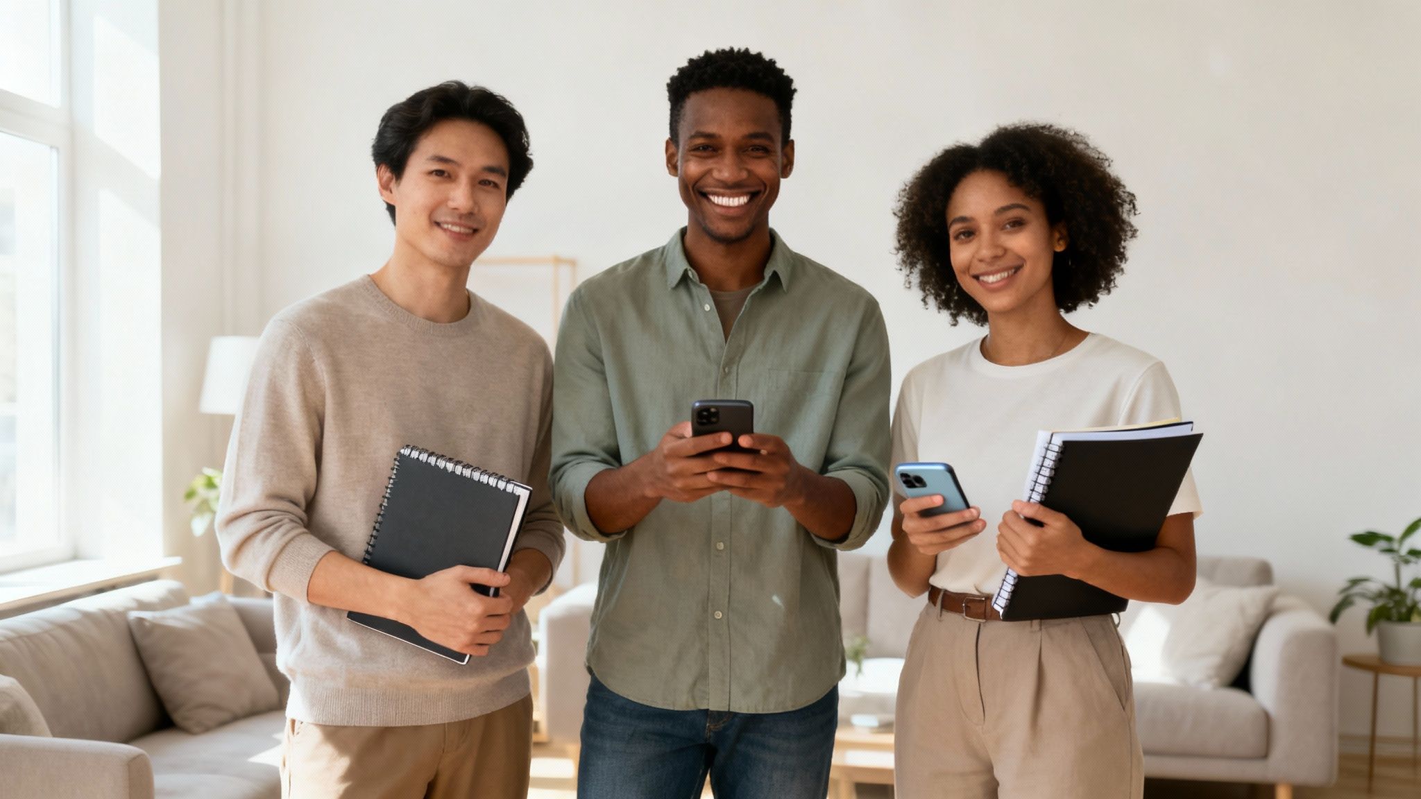 Tres jóvenes sonrientes de diversas etnias sostienen teléfonos y cuadernos en un entorno luminoso.