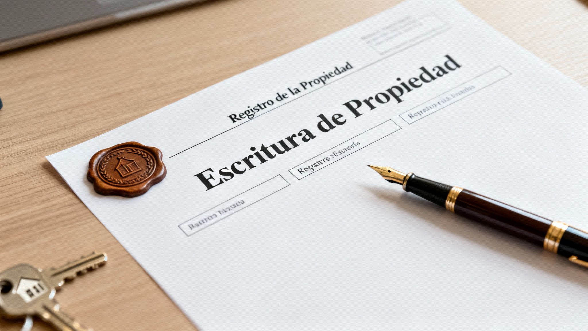 Documento de escritura de propiedad, llaves de casa, sello de cera y pluma sobre una mesa de madera.