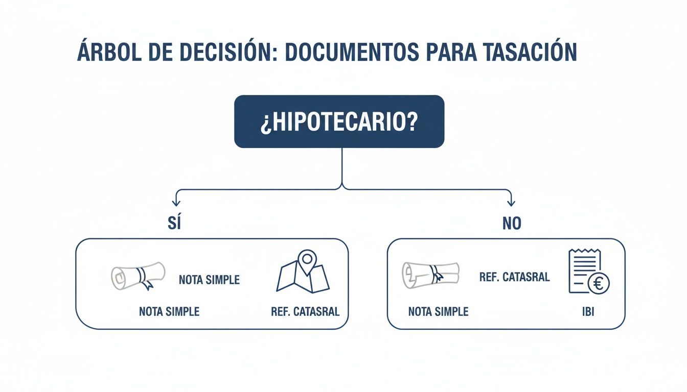 Árbol de decisión sobre los documentos requeridos para una tasación, diferenciando si es para hipoteca o no.