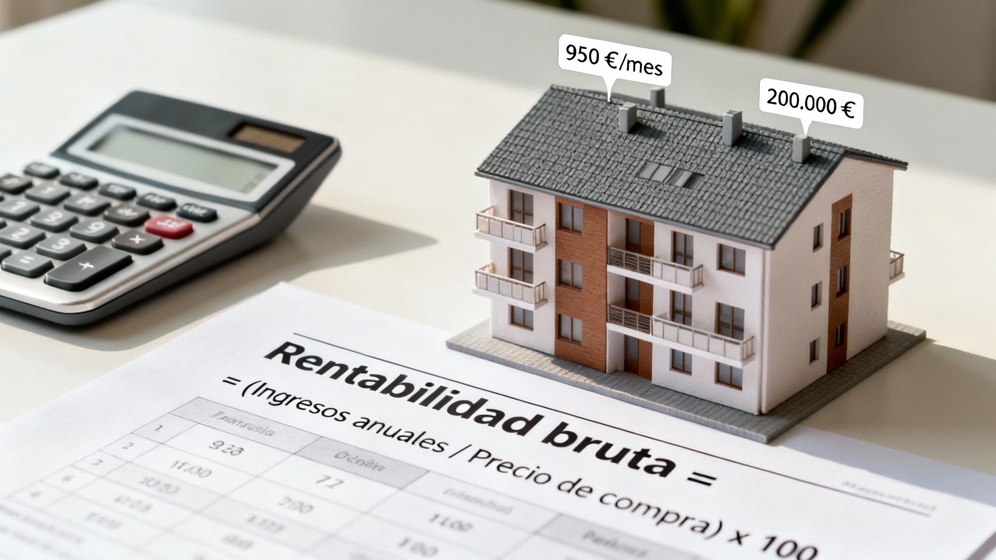 Cálculo de la rentabilidad bruta de una inversión inmobiliaria con un modelo de edificio y calculadora.