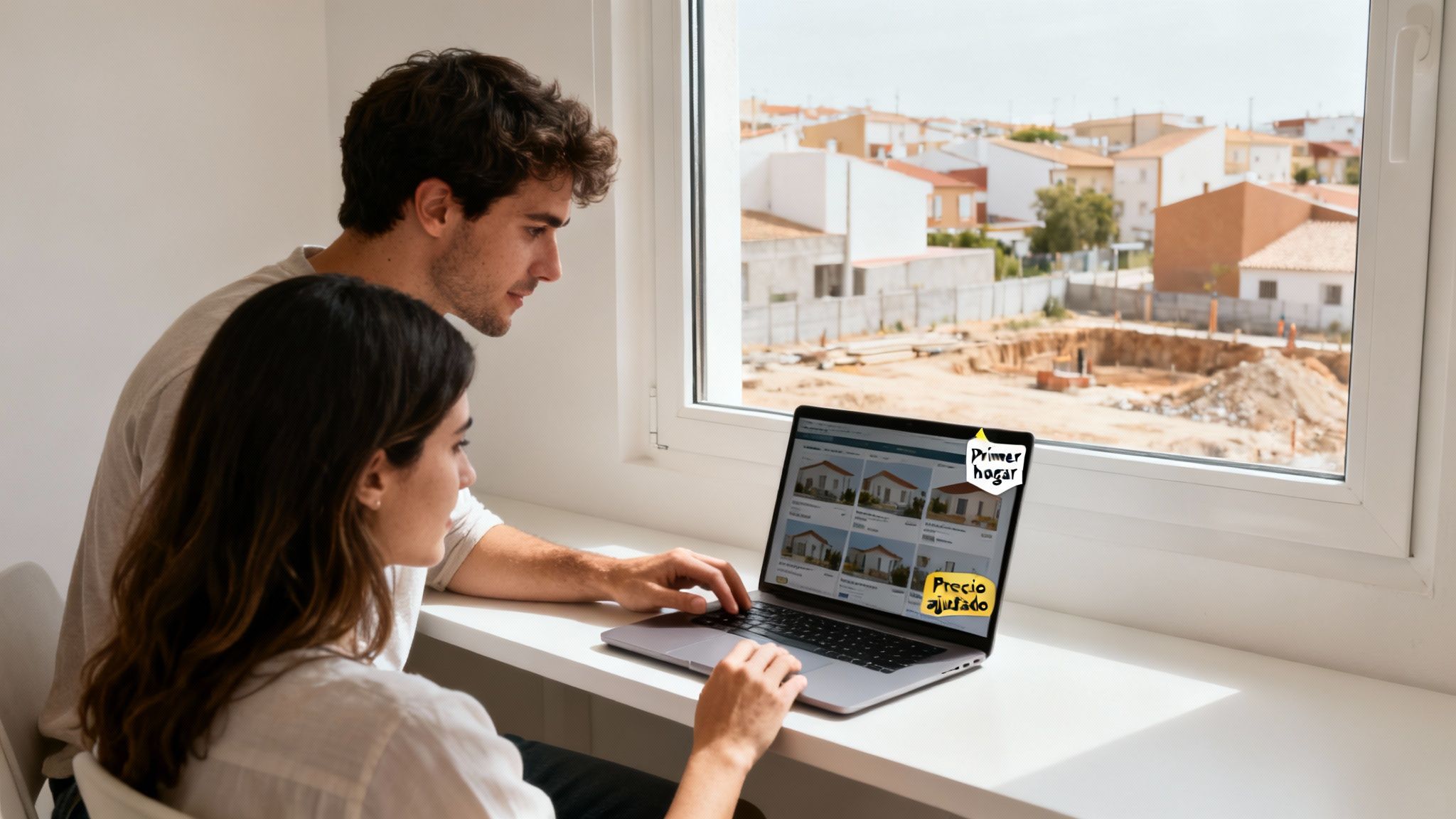 Pareja joven busca su primer hogar en línea, viendo opciones de casas en una laptop junto a la ventana.