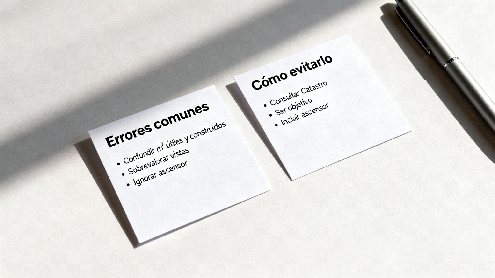 Dos tarjetas con consejos sobre errores comunes al tasar un piso y cómo evitarlos, junto a un bolígrafo.