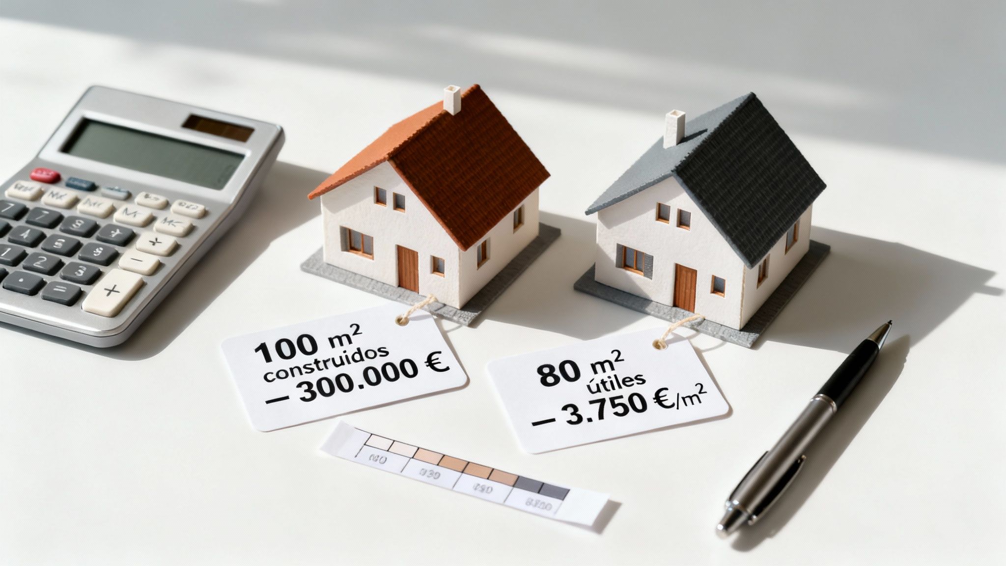 Calculadora, bolígrafo y dos maquetas de casas con etiquetas de precios, comparando superficie construida y útil.