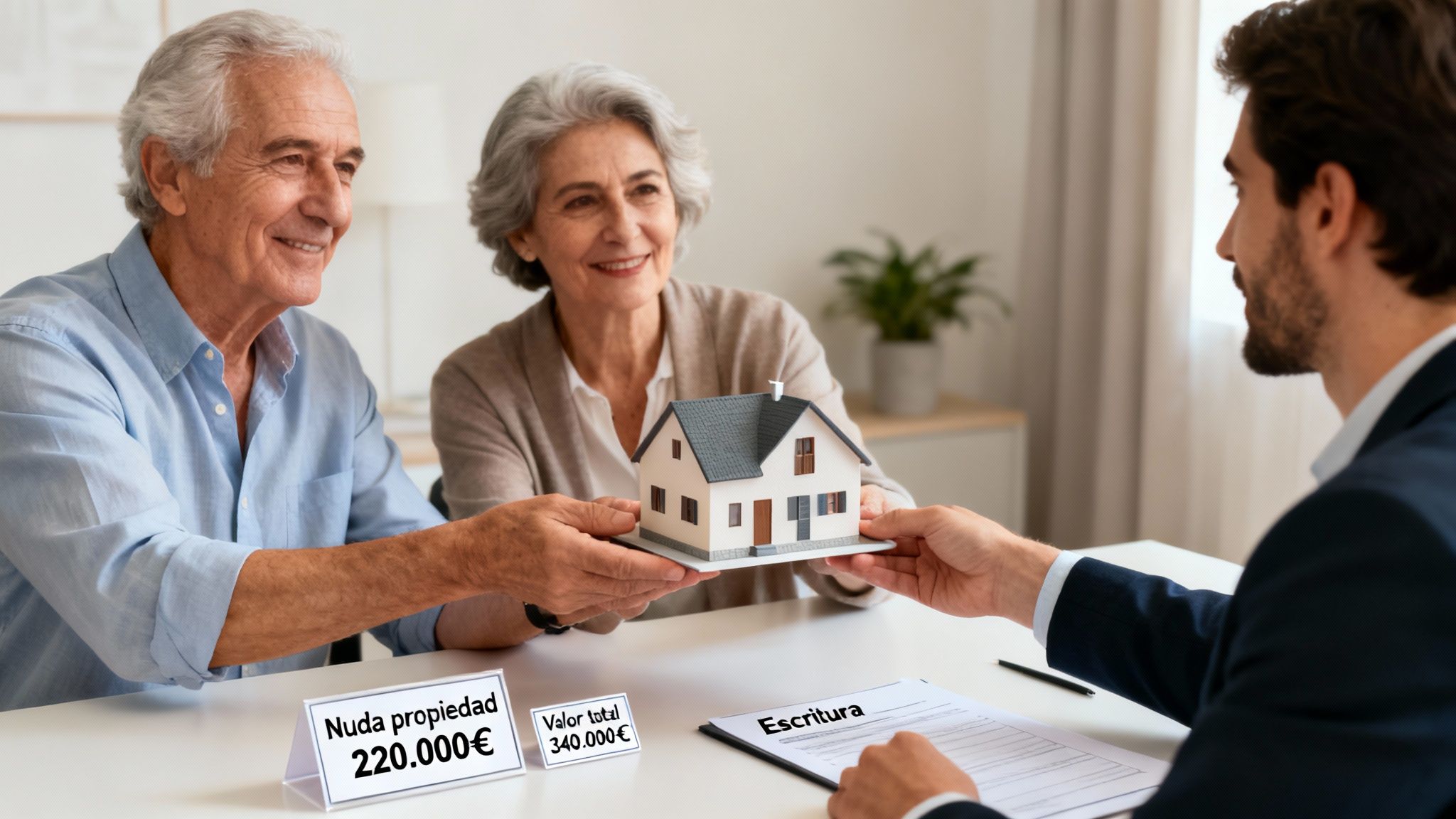 Pareja mayor sonriente recibe modelo de casa de un asesor, discutiendo nuda propiedad y usufructo.