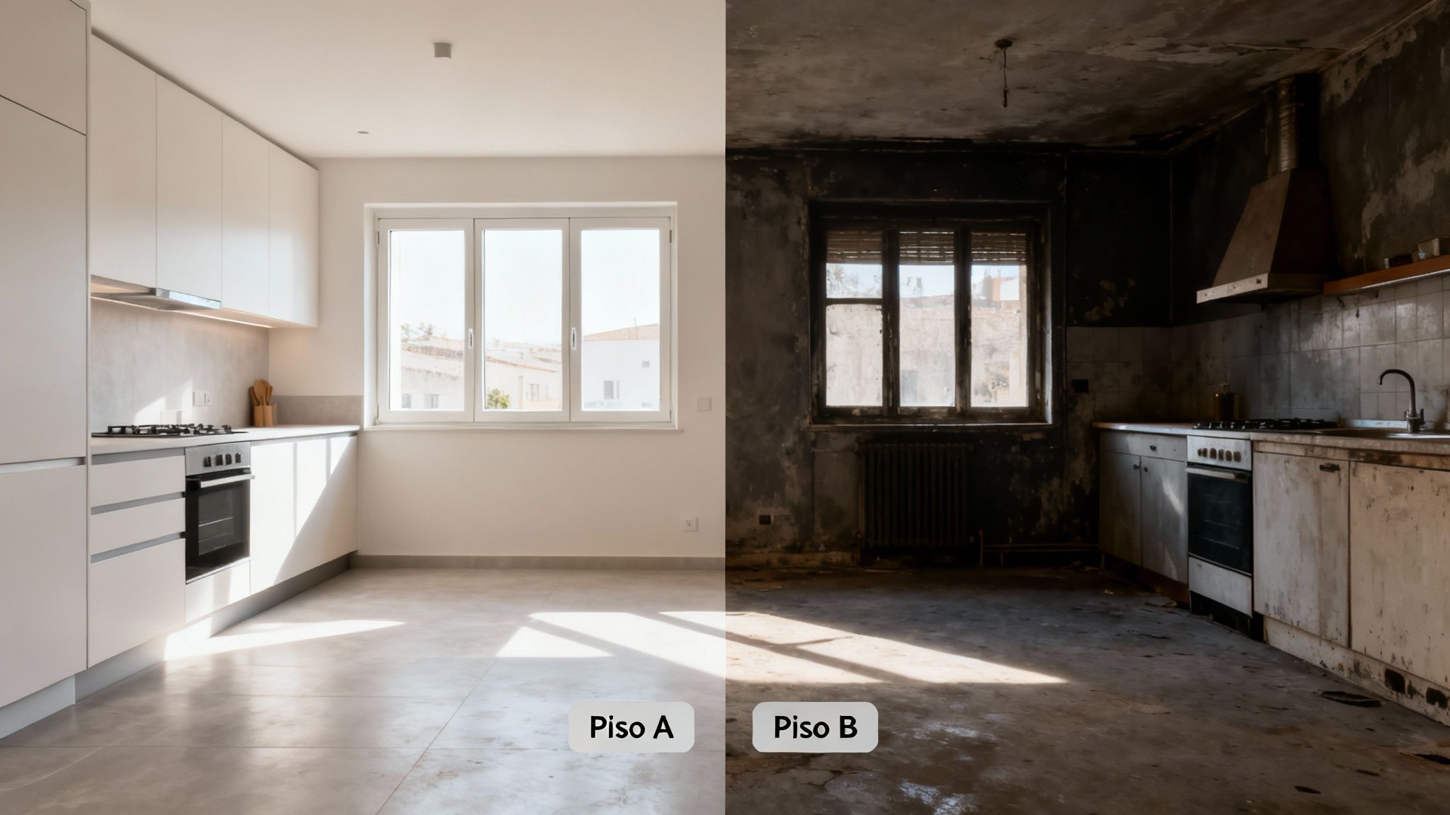 Cocina moderna y reformada junto a una cocina antigua y deteriorada, mostrando el antes y después.