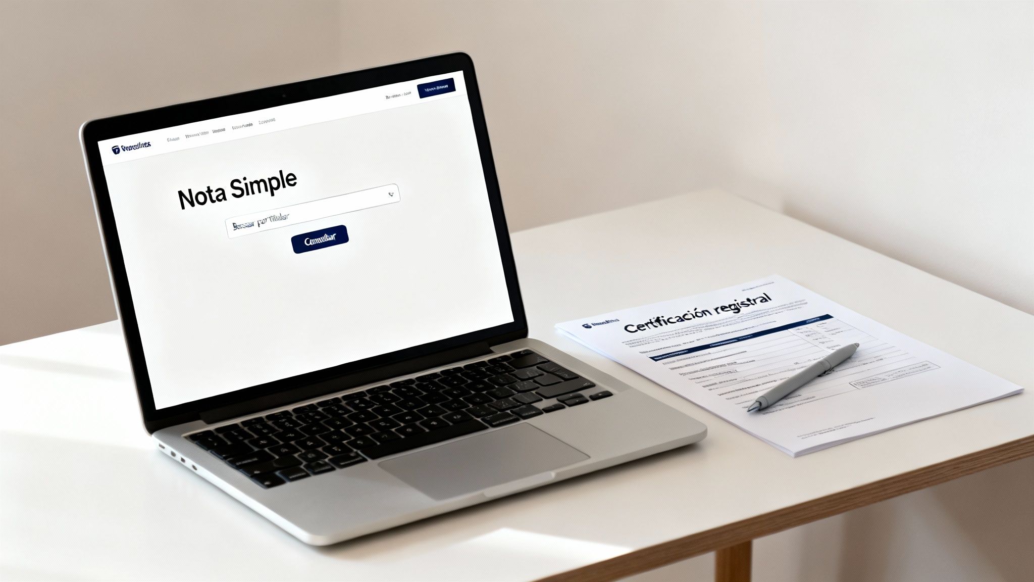 Portátil con 'Nota Simple' y documento de 'Certificación registral' con bolígrafo en un escritorio.