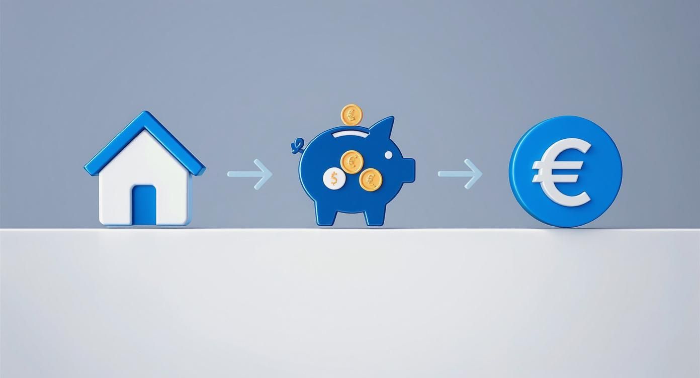 Una casa, un cerdito hucha con monedas y una moneda de euro, representando ahorro para hipoteca.