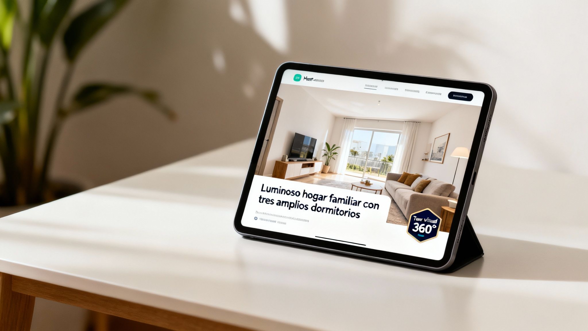 Tablet con sitio web inmobiliario mostrando un luminoso salón y la opción de tour virtual 360 grados.