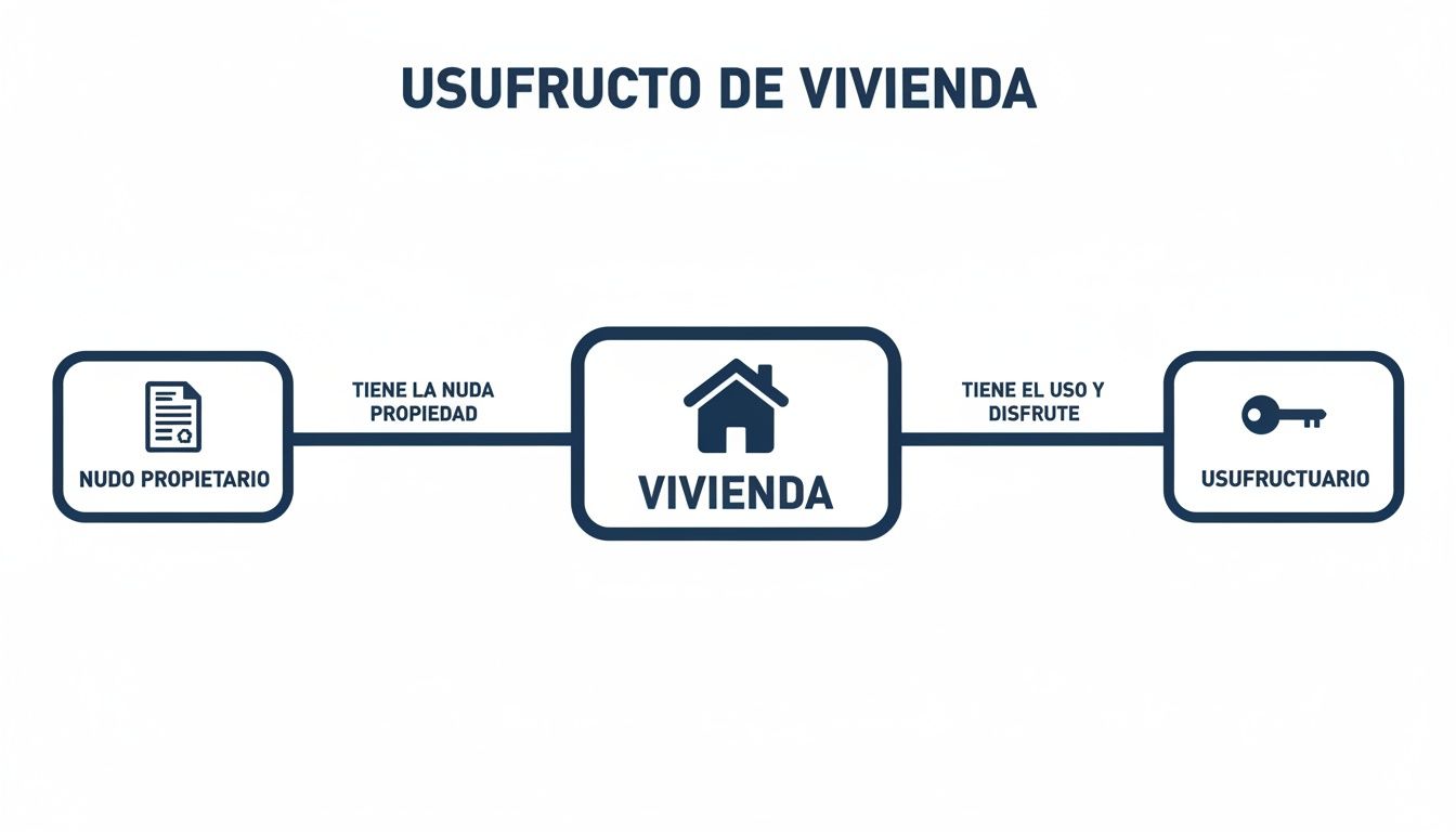 Diagrama visual del usufructo de una vivienda, mostrando al nudo propietario con la nuda propiedad y al usufructuario con el uso y disfrute.