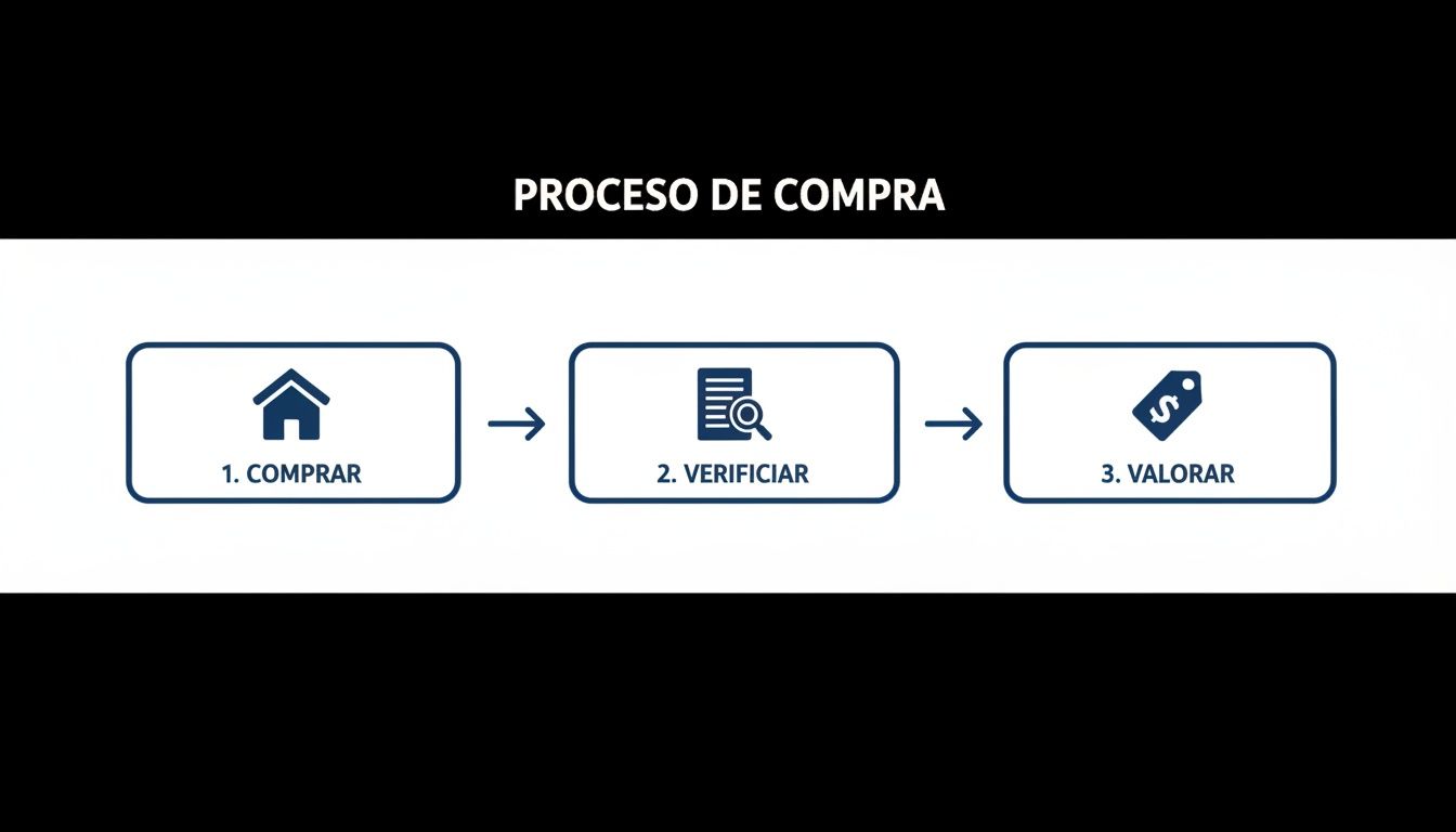 Diagrama de flujo del proceso de compra con tres pasos: comprar, verificar y valorar.