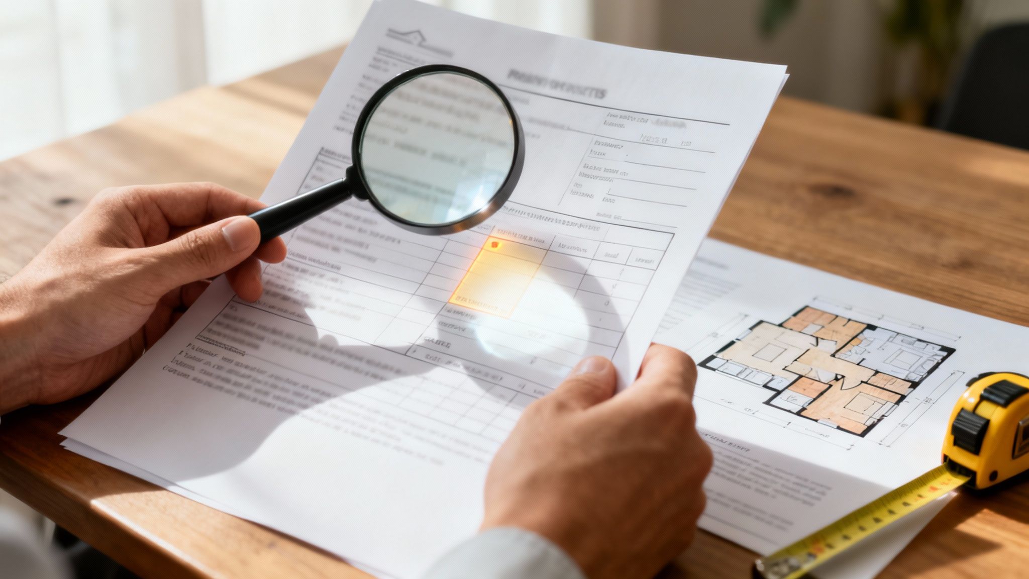 Persona revisando un documento legal sobre una mesa con planos y una calculadora