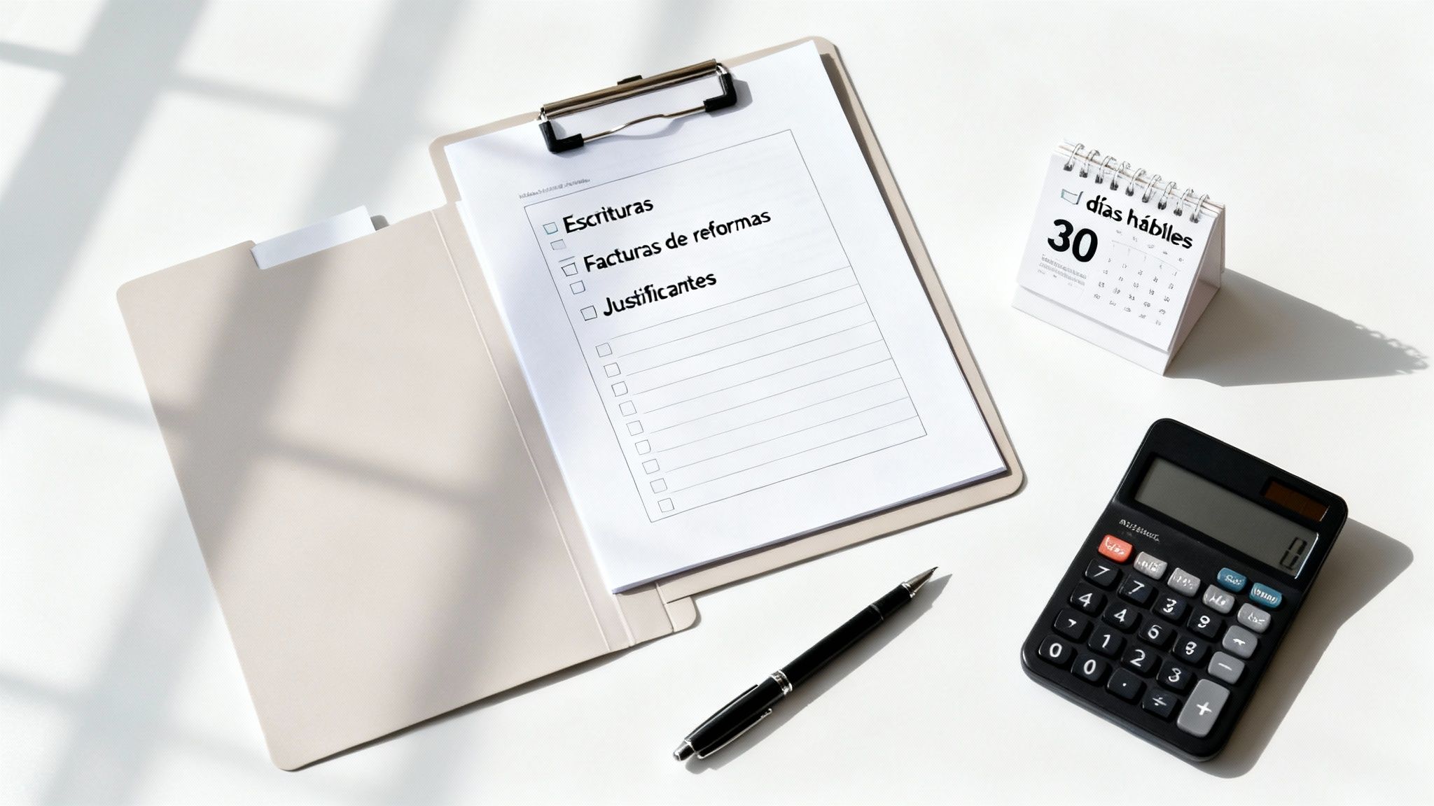 Escrituras, facturas y documentos en un portapapeles con un calendario de 30 días hábiles y calculadora.