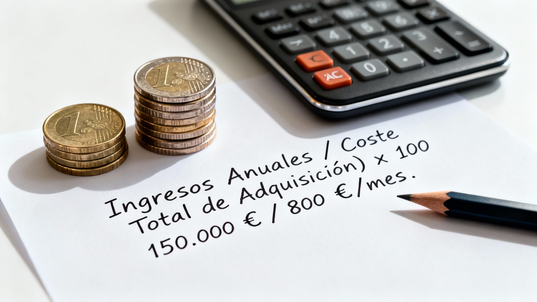 Cálculo financiero de rentabilidad escrito a mano, con monedas de euro y calculadora sobre mesa blanca.