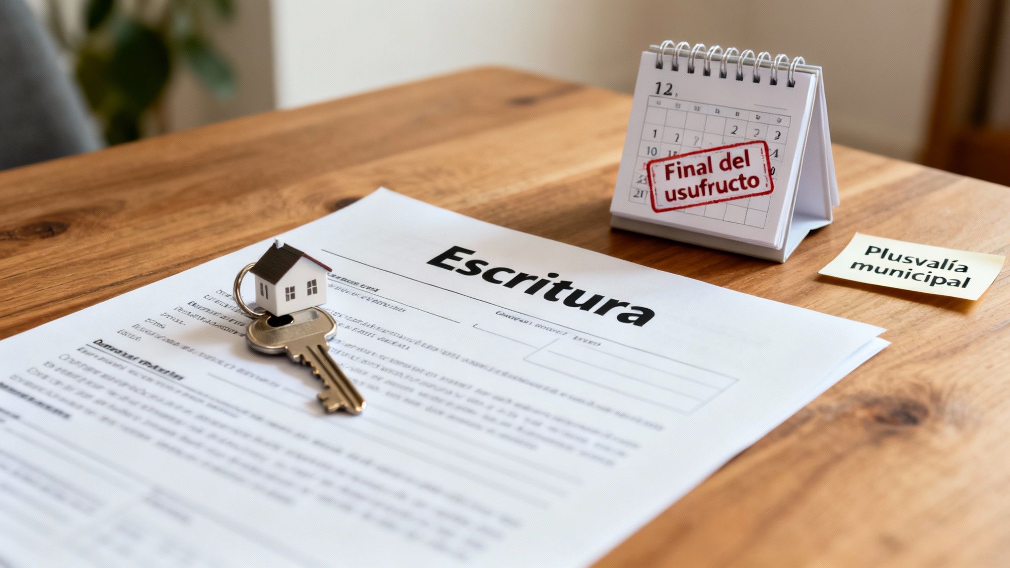 Llave de casa con escritura, calendario marcando el fin del usufructo y nota de plusvalía municipal en una mesa de madera.