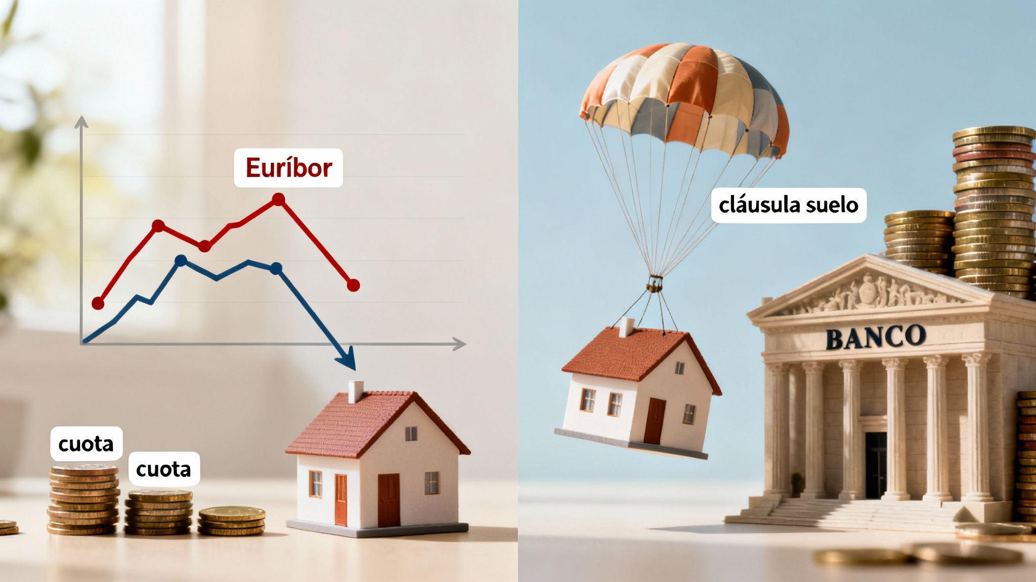 Gráfico del Euríbor y cuotas de hipoteca, con una casa y un banco con "cláusula suelo" y pilas de monedas.