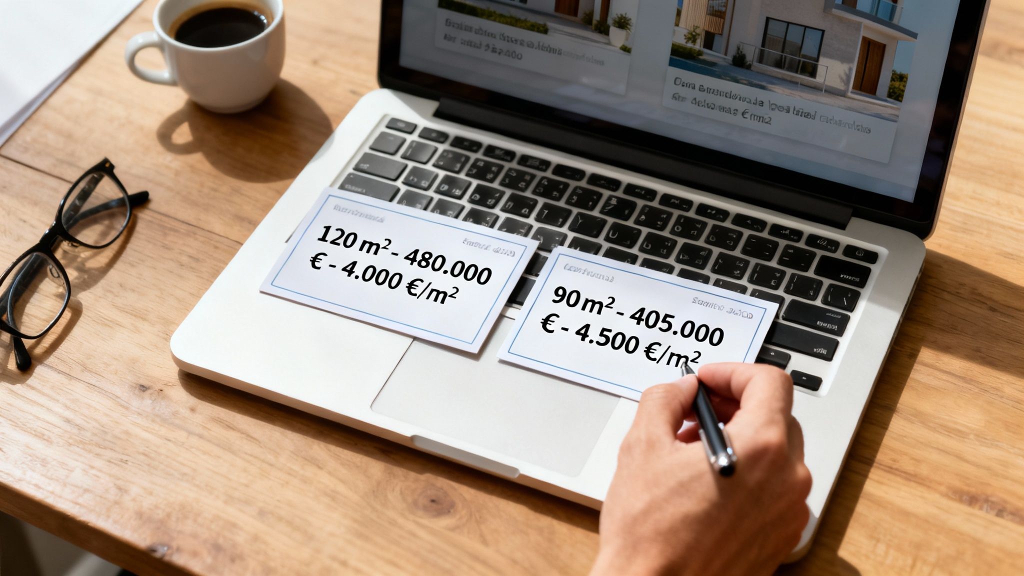 Persona comparando precios de viviendas por metro cuadrado en notas sobre un portátil.