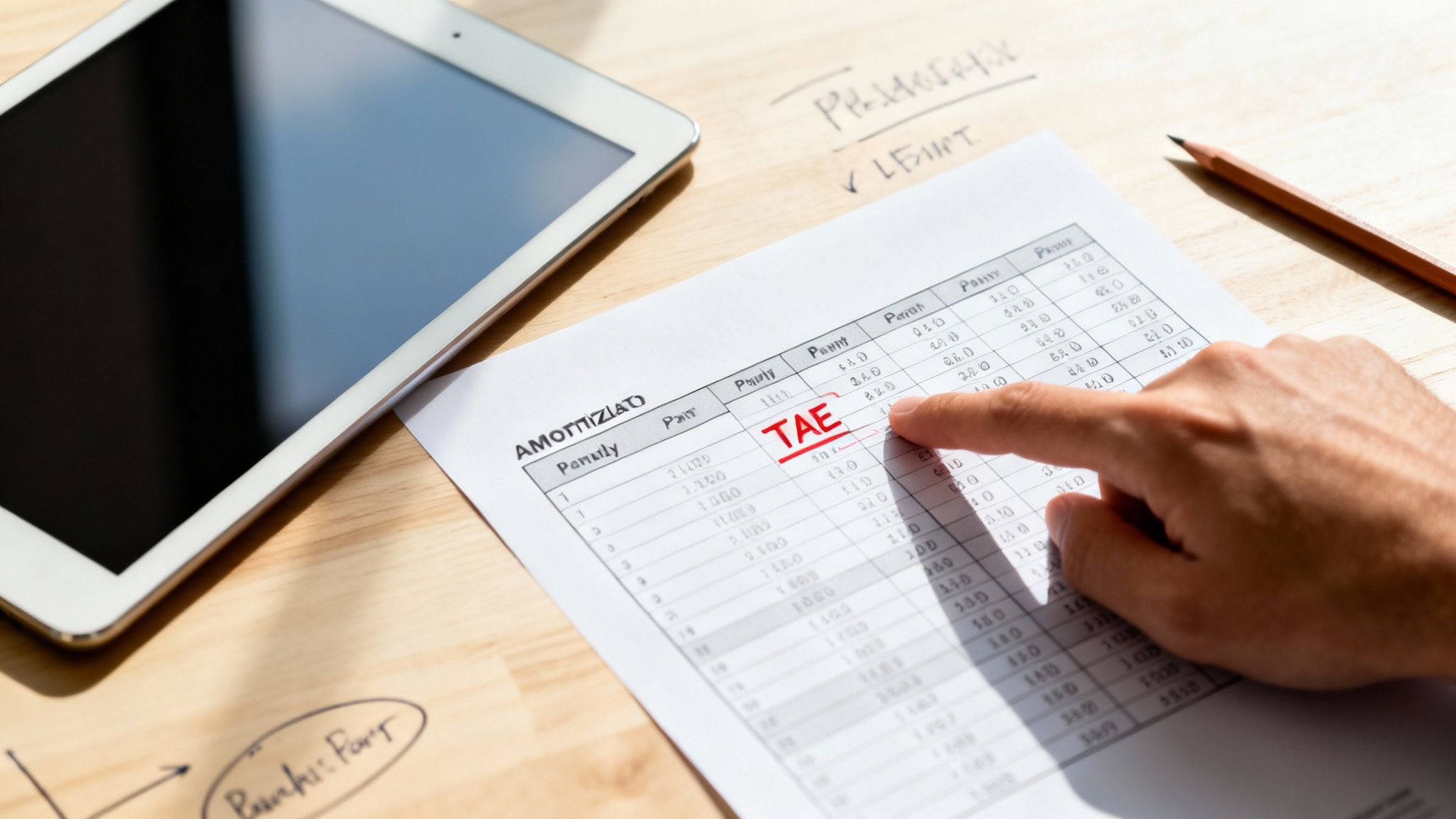 Una persona señala 'TAE' en una tabla de amortización de hipoteca con una tablet y lápiz en un escritorio.