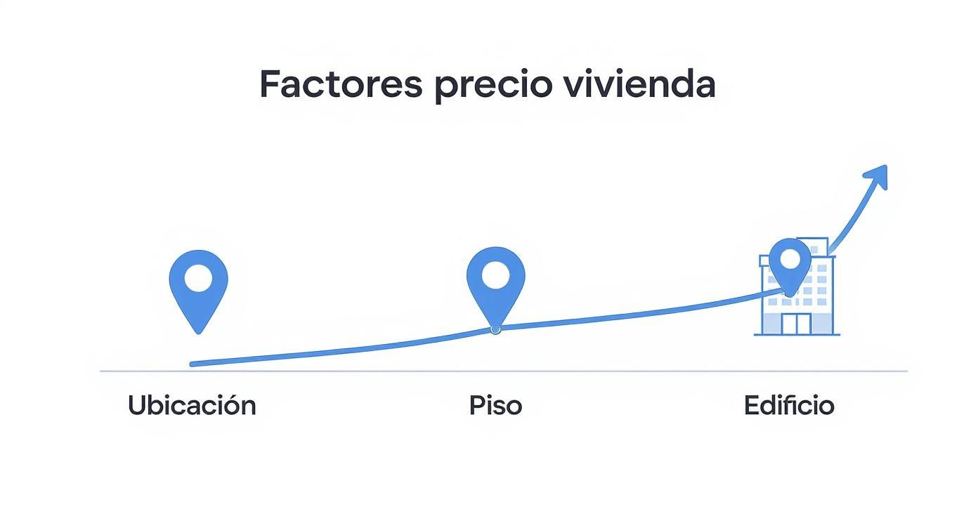 Gráfico que ilustra los factores del precio de la vivienda: ubicación, piso y edificio, con una curva de valor ascendente.