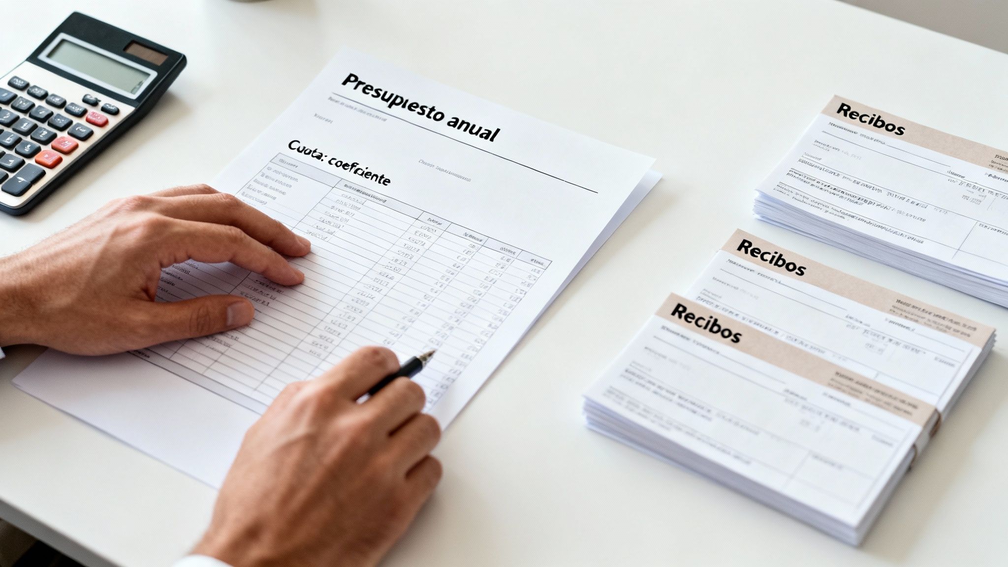 Manos revisando un presupuesto anual y recibos, con una calculadora, sobre un escritorio blanco.
