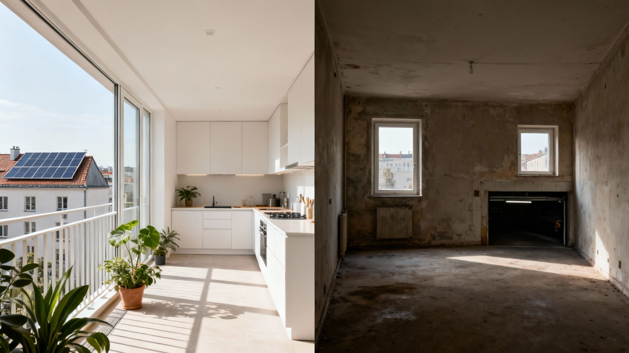 Cocina moderna con balcón y paneles solares junto a un espacio deteriorado sin reformar.