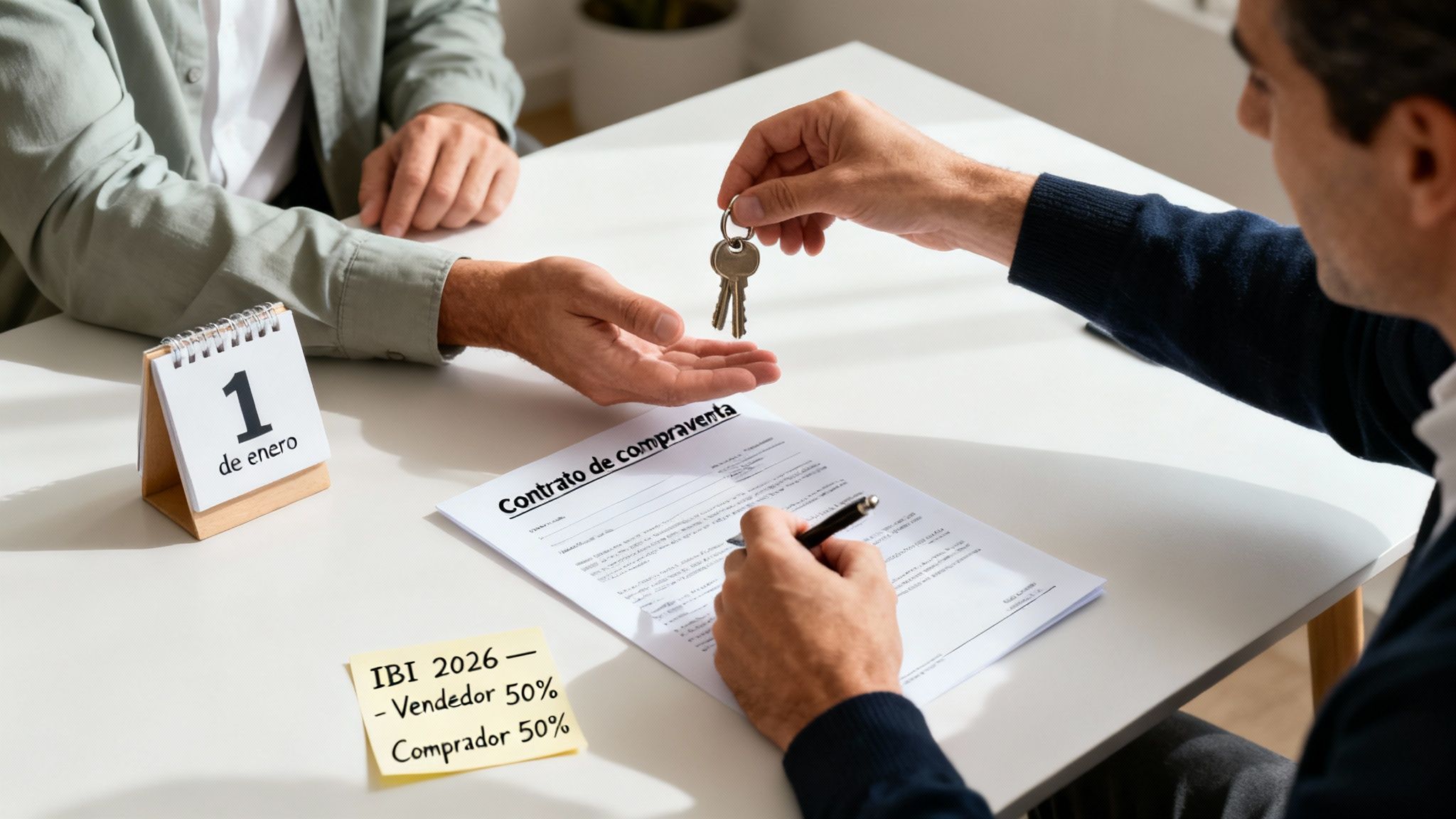 Dos hombres en una mesa firmando un contrato de compraventa, intercambiando llaves y discutiendo el IBI.