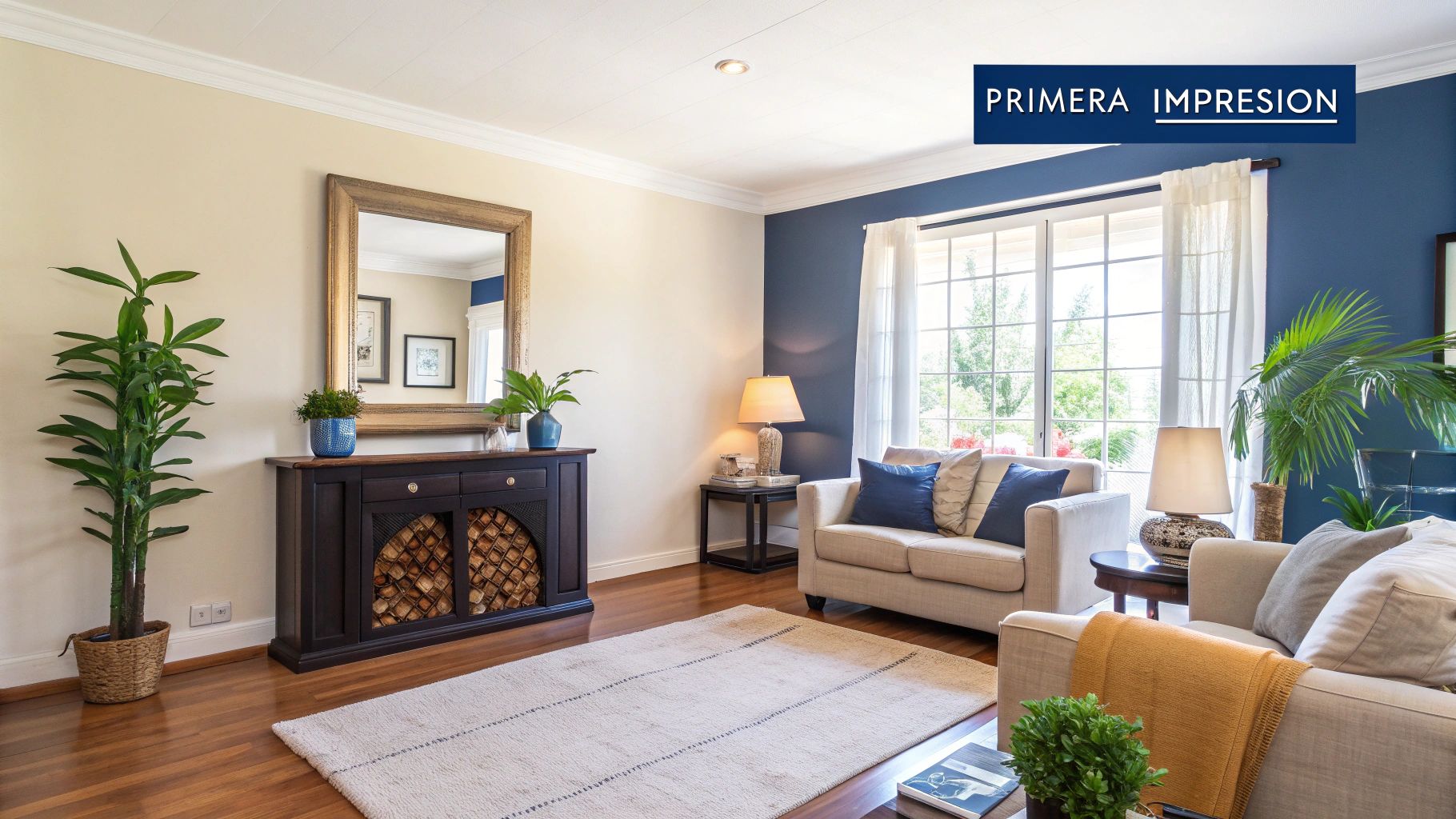 Sala de estar moderna y elegante con pared azul, muebles beige y plantas decorativas