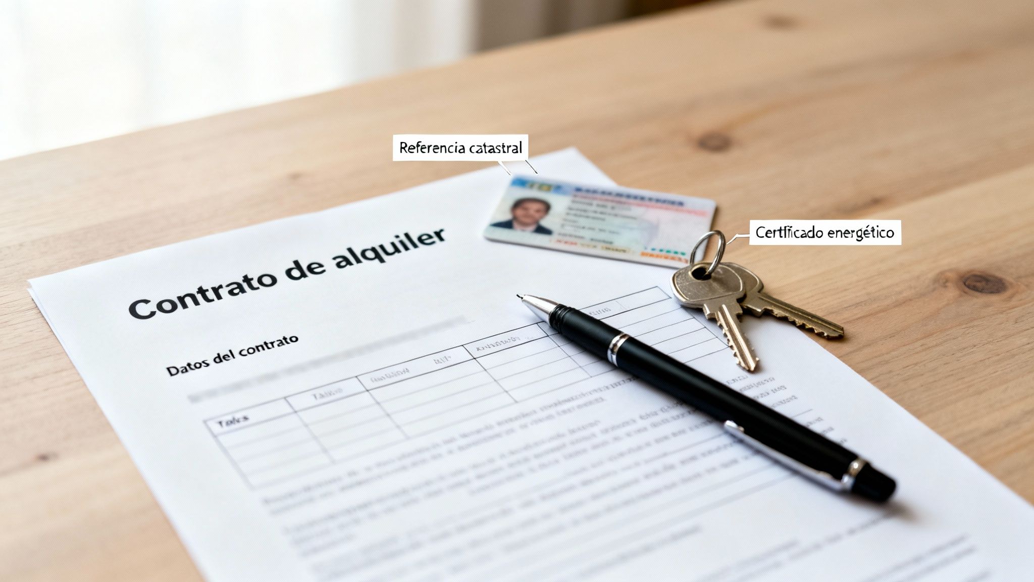 Contrato de alquiler sobre una mesa de madera con llaves, un bolígrafo, un DNI y notas de referencia catastral y certificado energético.