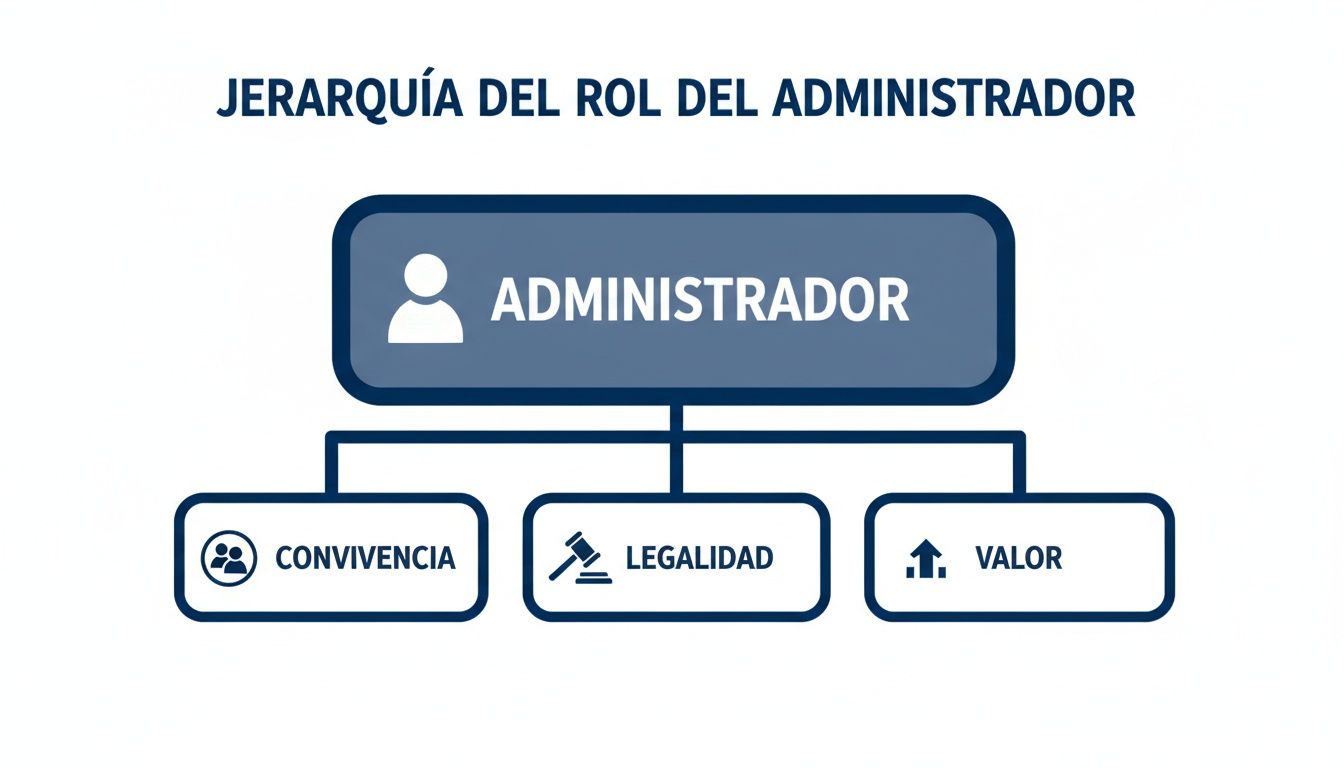 Diagrama de jerarquía del rol del administrador, detallando sus funciones en convivencia, legalidad y valor.