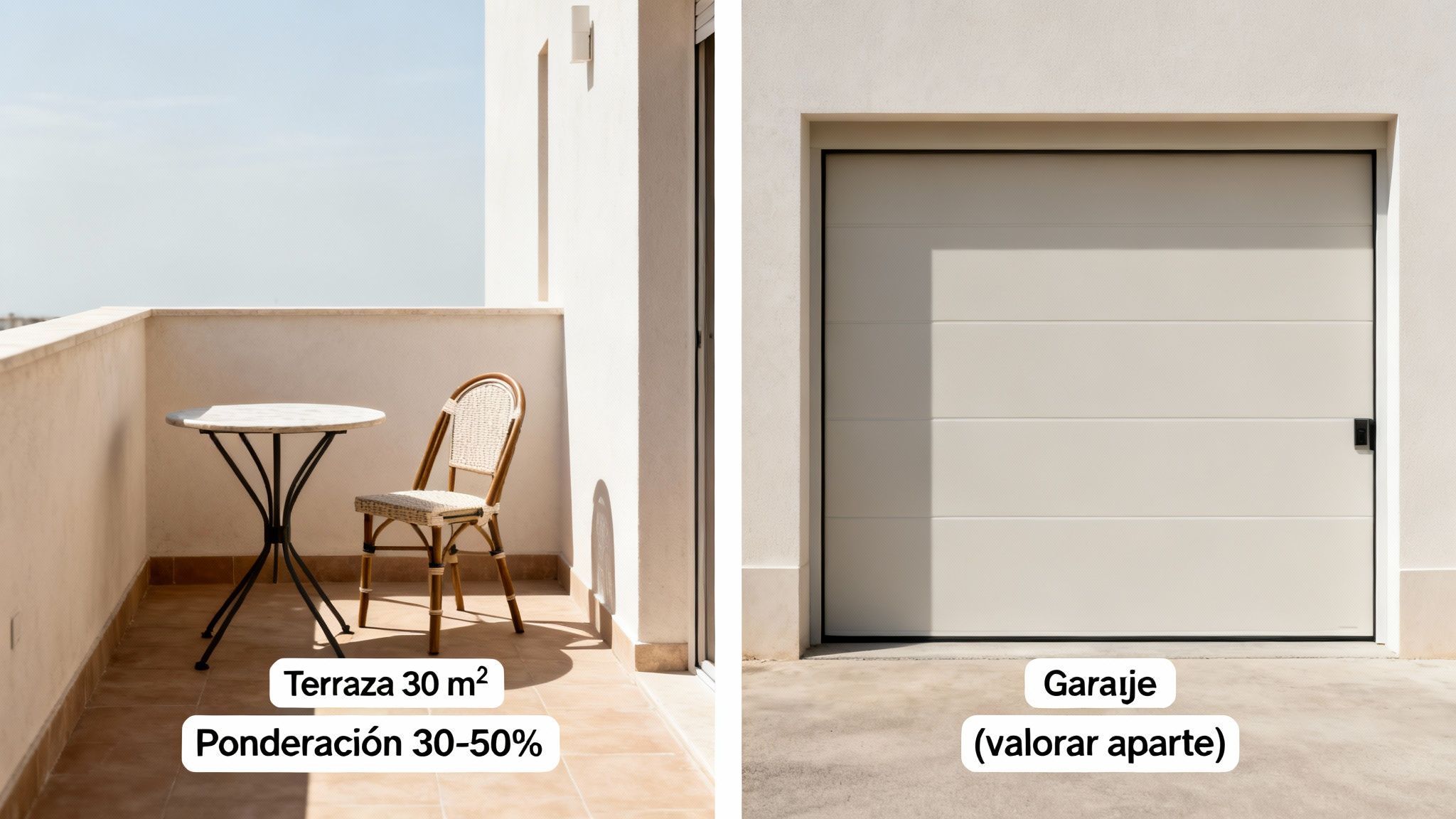 Terraza soleada con mesa y silla, y una moderna puerta de garaje, mostrando notas de valoración.