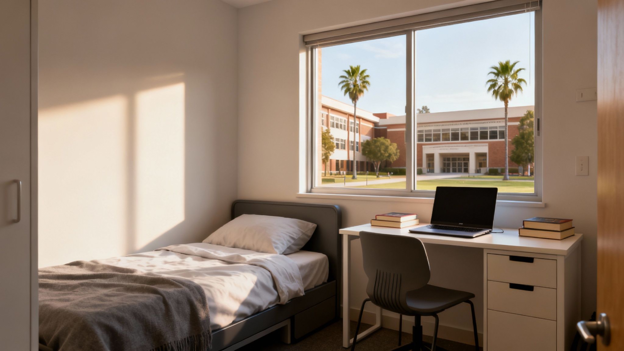 Habitación de dormitorio amueblada con cama, escritorio con laptop y vista a un edificio universitario con palmeras.