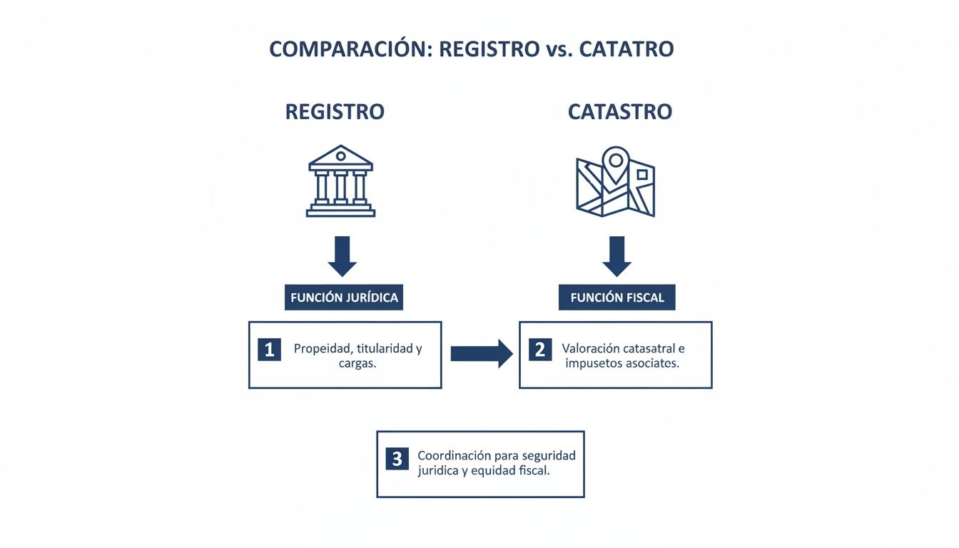 Diagrama comparativo de las funciones del Registro de la Propiedad y el Catastro, destacando sus roles jurídico y fiscal.