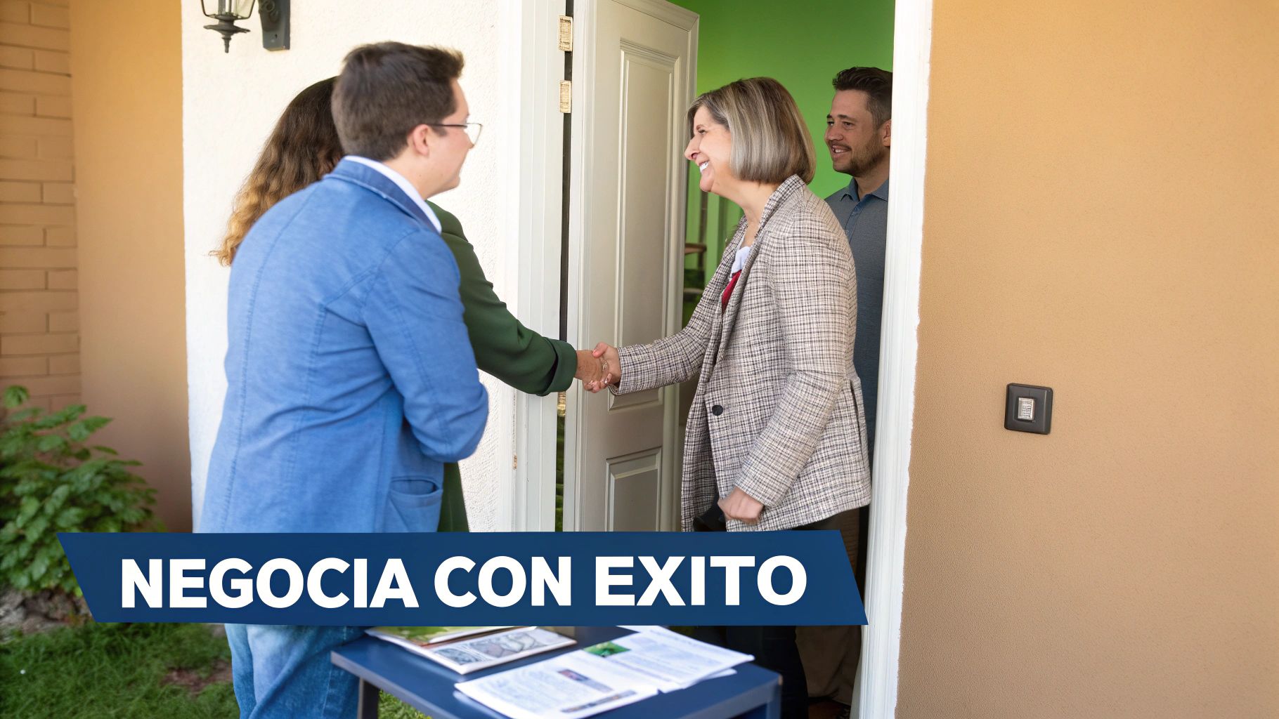 Agentes inmobiliarios saludando a propietarios en la entrada de una casa durante negociación exitosa de venta