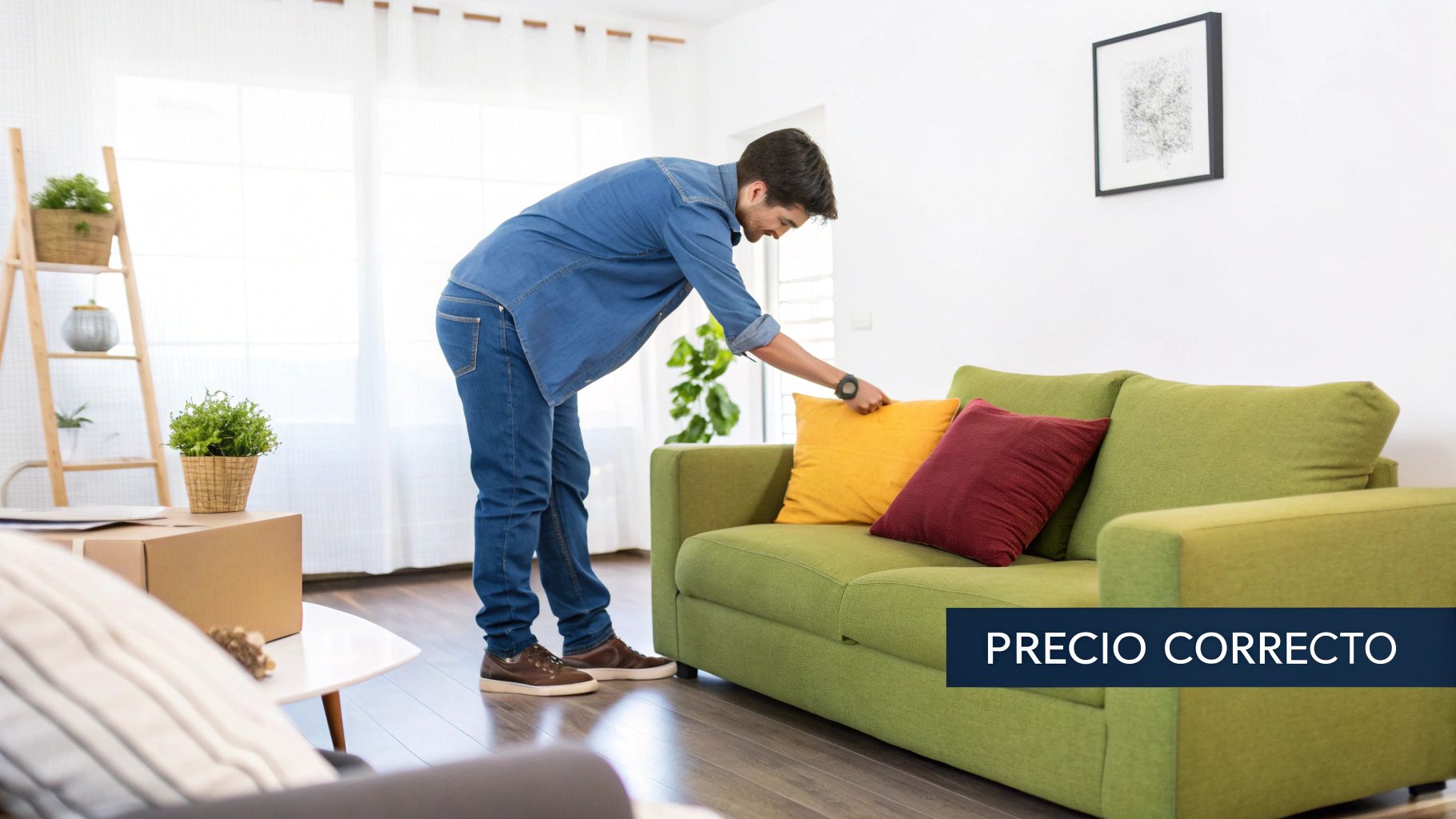 Hombre organizando cojines en sofá verde durante preparación de vivienda para venta directa