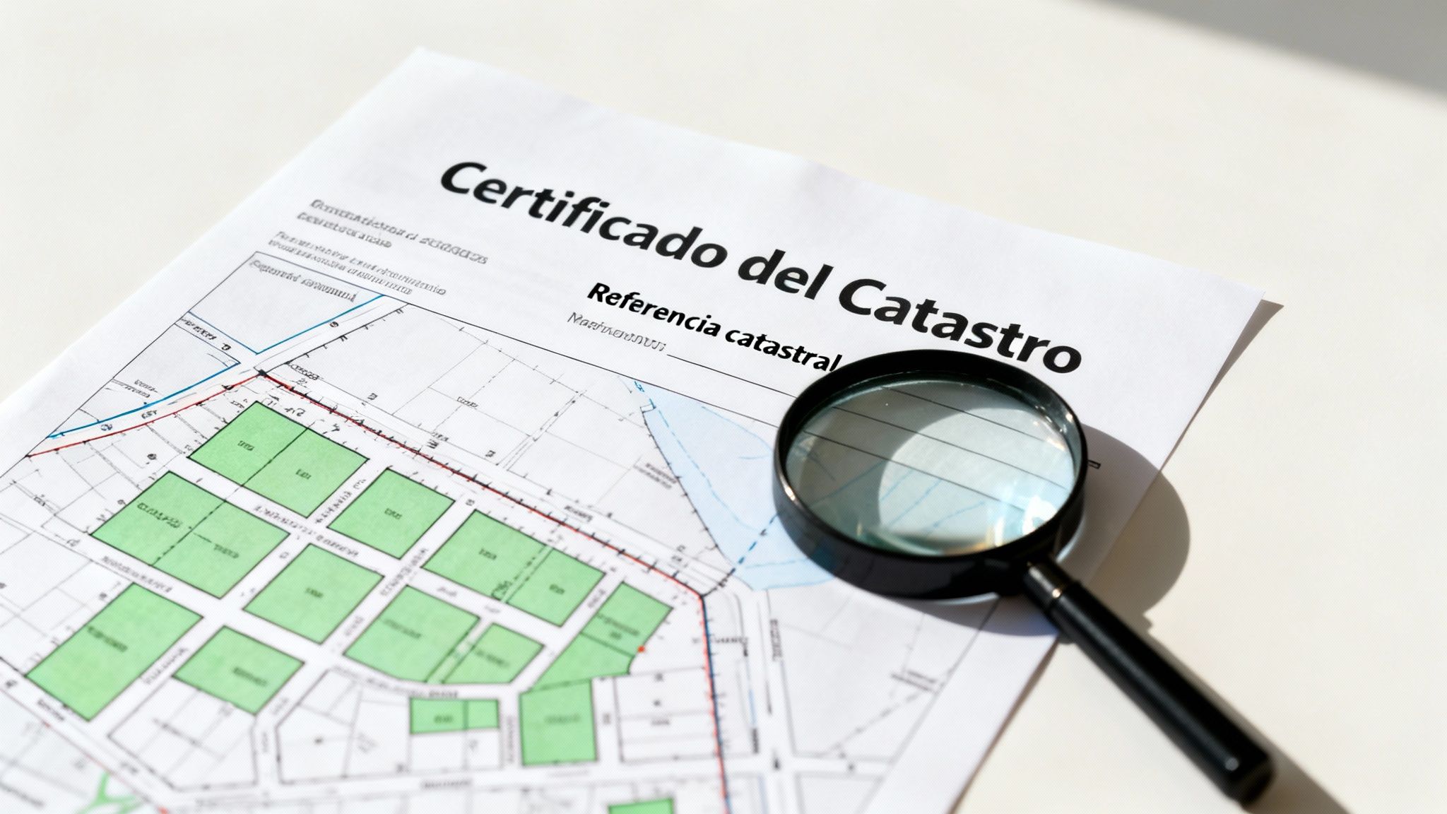 Certificado del Catastro con mapa parcelario y lupa, un documento esencial para la gestión de propiedades.