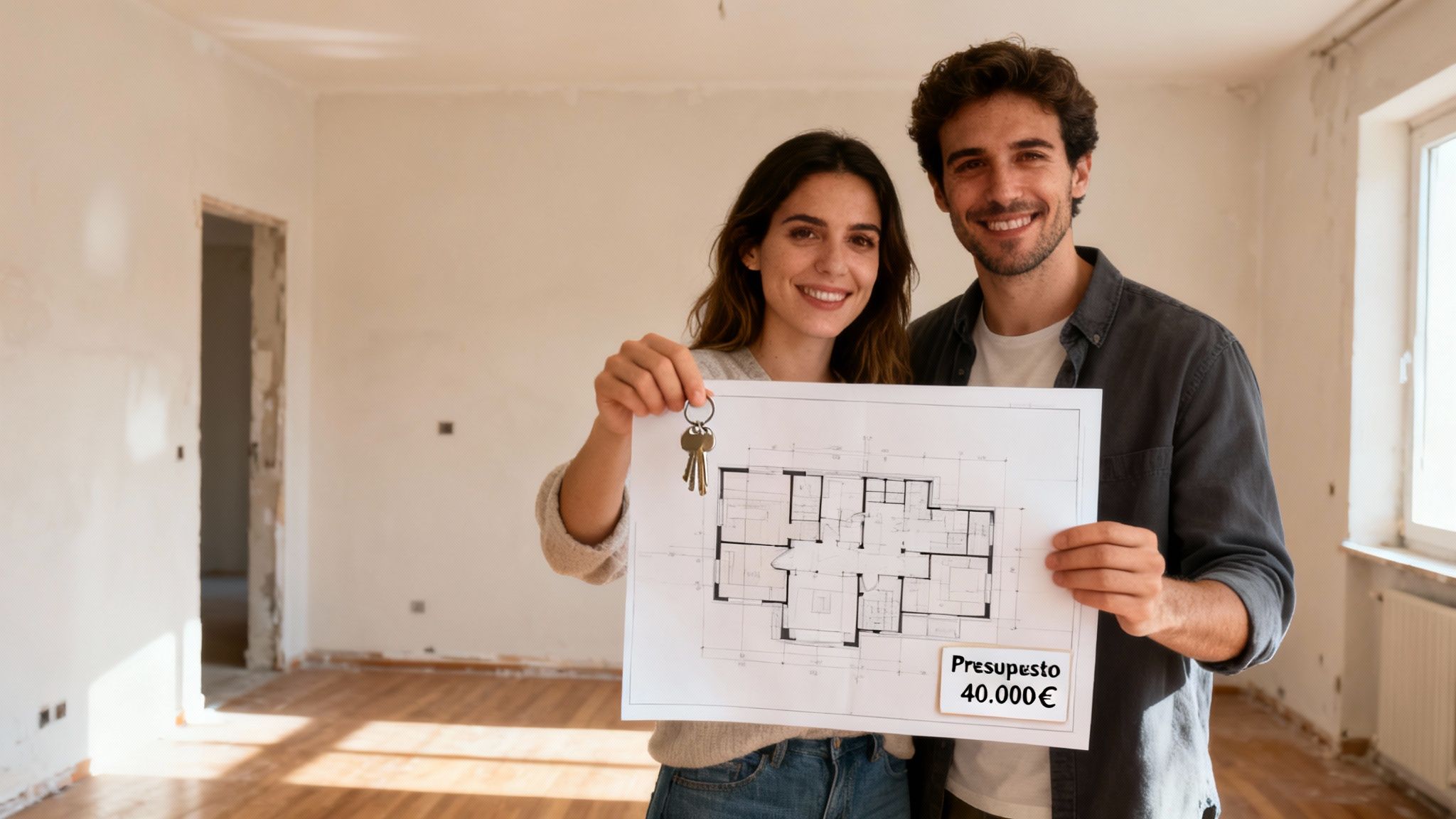 Pareja sonriente sosteniendo llaves y planos de casa con un presupuesto de reforma de 40.000€.