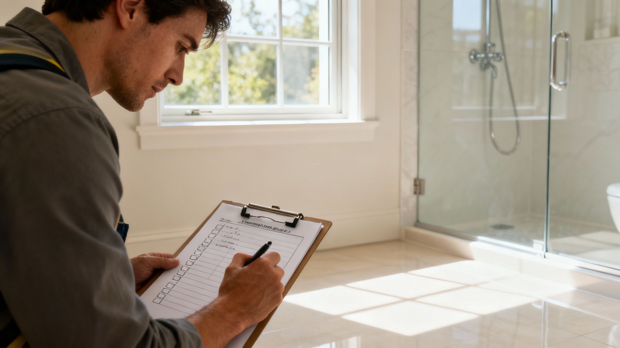 Un hombre inspecciona un baño luminoso, tomando notas en un portapapeles con una pluma.