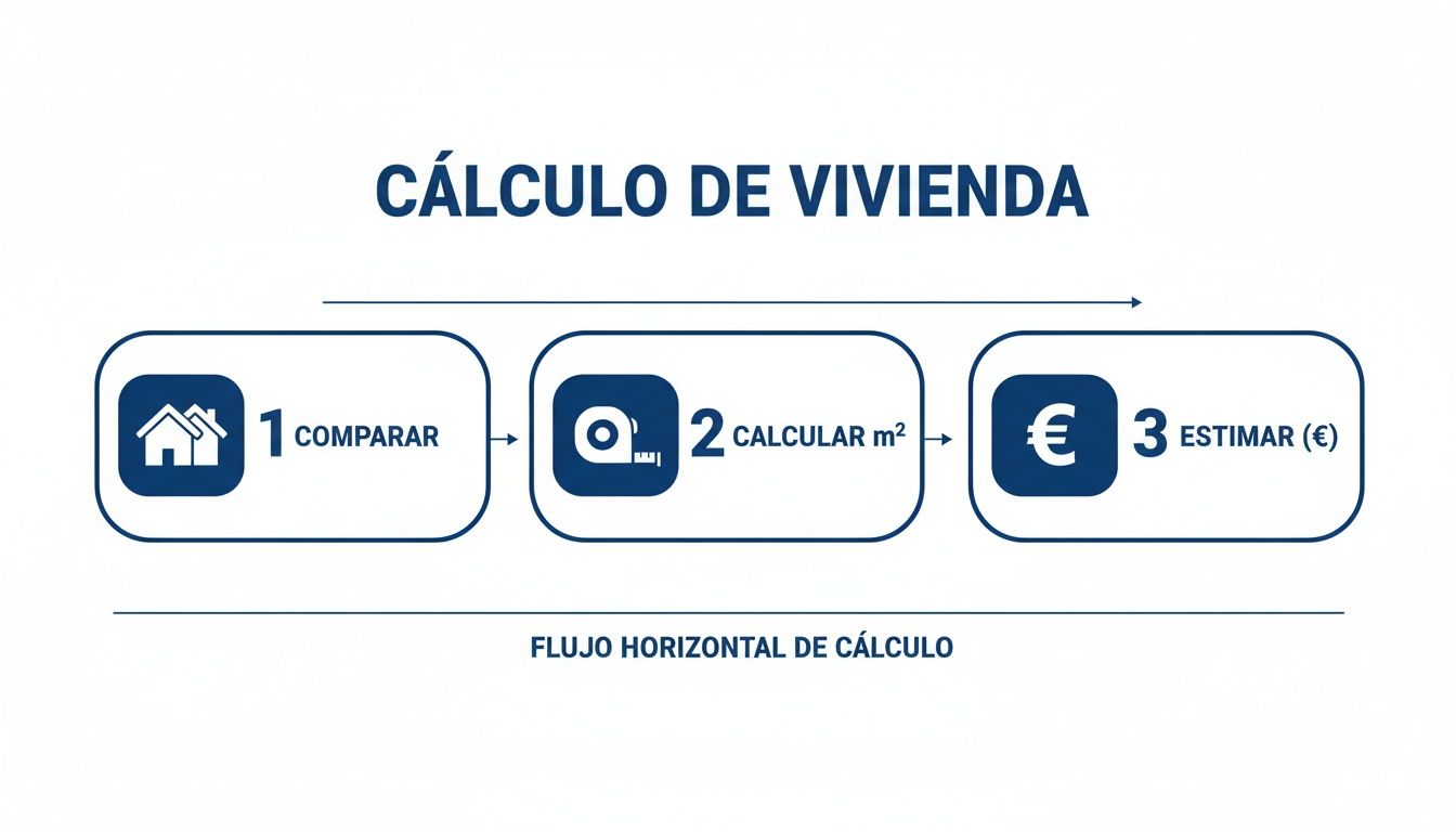 Diagrama de flujo horizontal que muestra 3 pasos para calcular el valor de una vivienda: comparar, calcular m² y estimar precio.